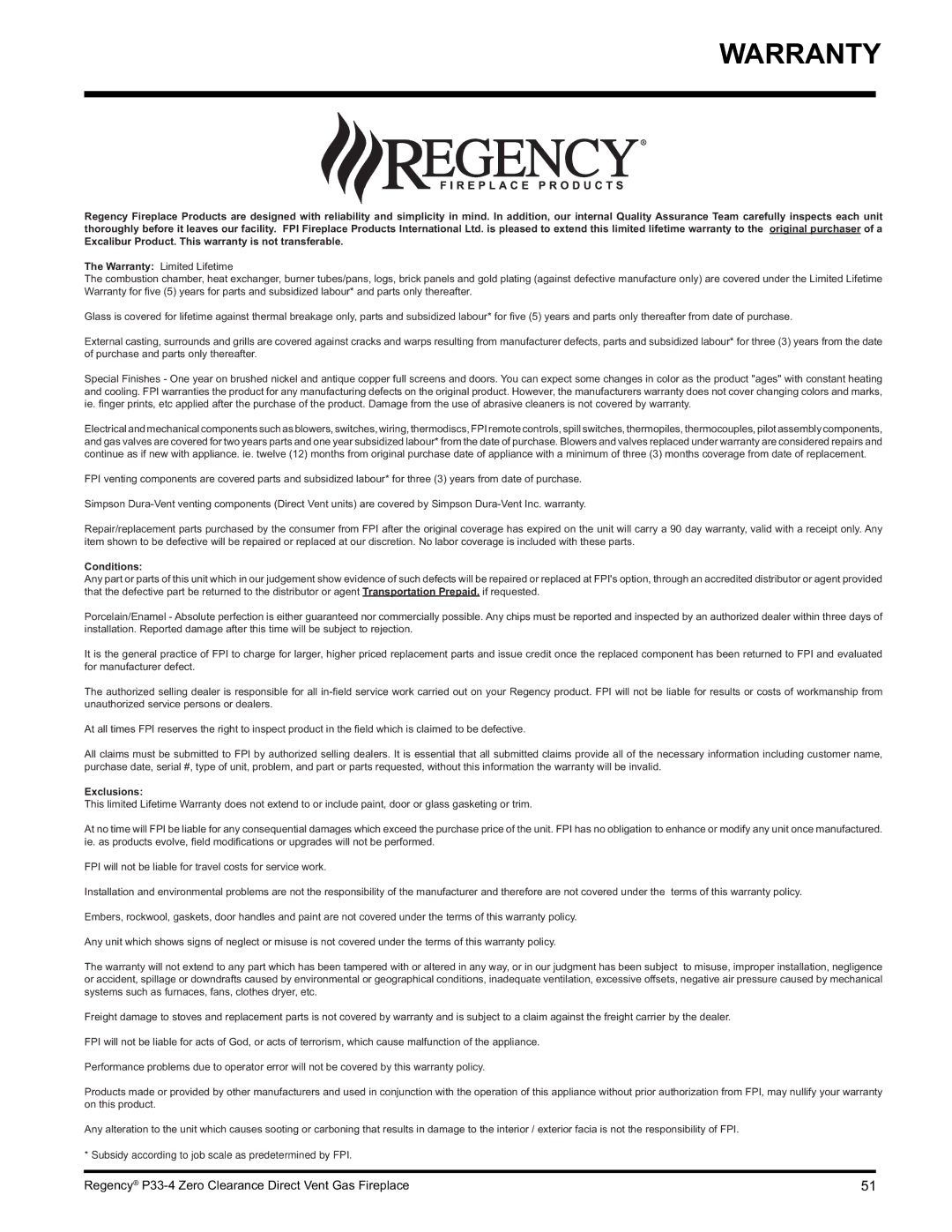 Regency P33-LP4 installation manual Warranty, Conditions 