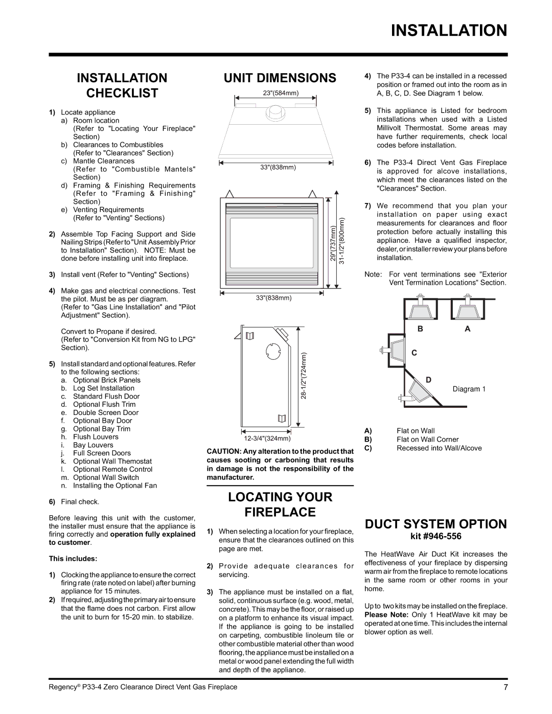 Regency P33-LP4 Installation Checklist, Unit Dimensions, Locating Your Fireplace, Duct System Option, Kit #946-556 