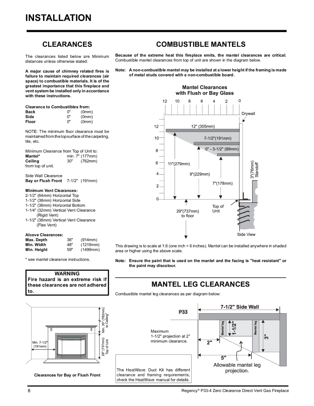 Regency P33-LP4 installation manual Mantel LEG Clearances 