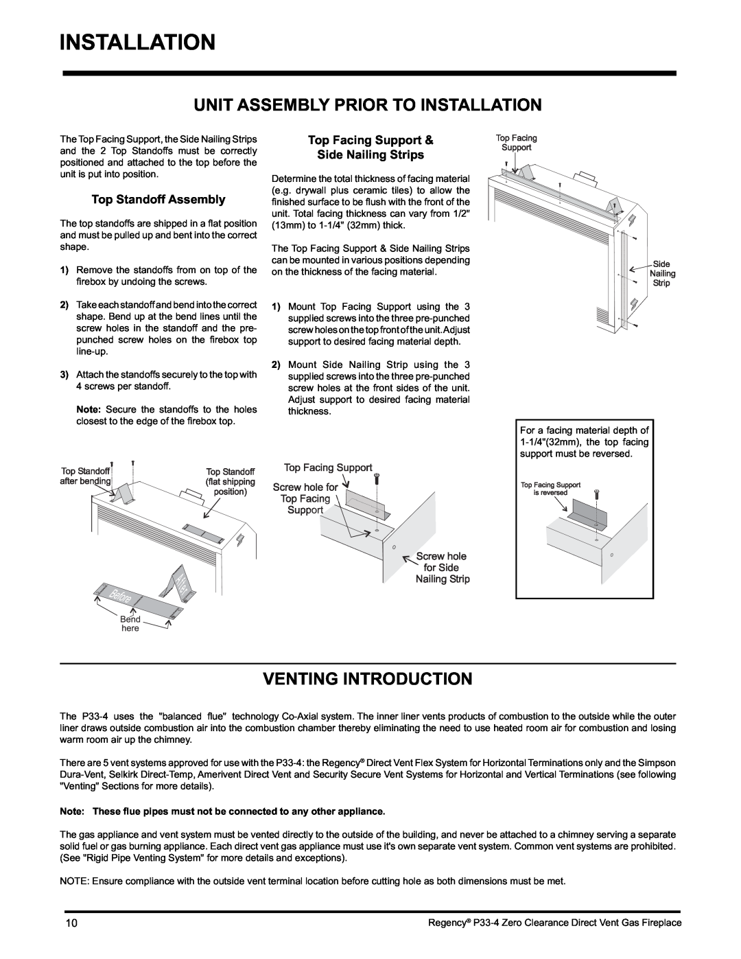 Regency P33-LP4 installation manual Unit Assembly Prior To Installation, Venting Introduction, Top Standoff Assembly 