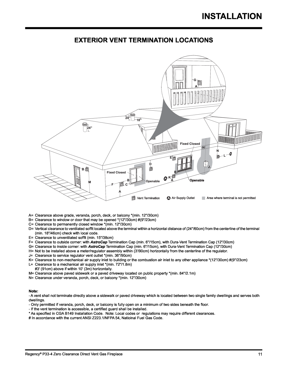 Regency P33-LP4 installation manual Installation, Exterior Vent Termination Locations 