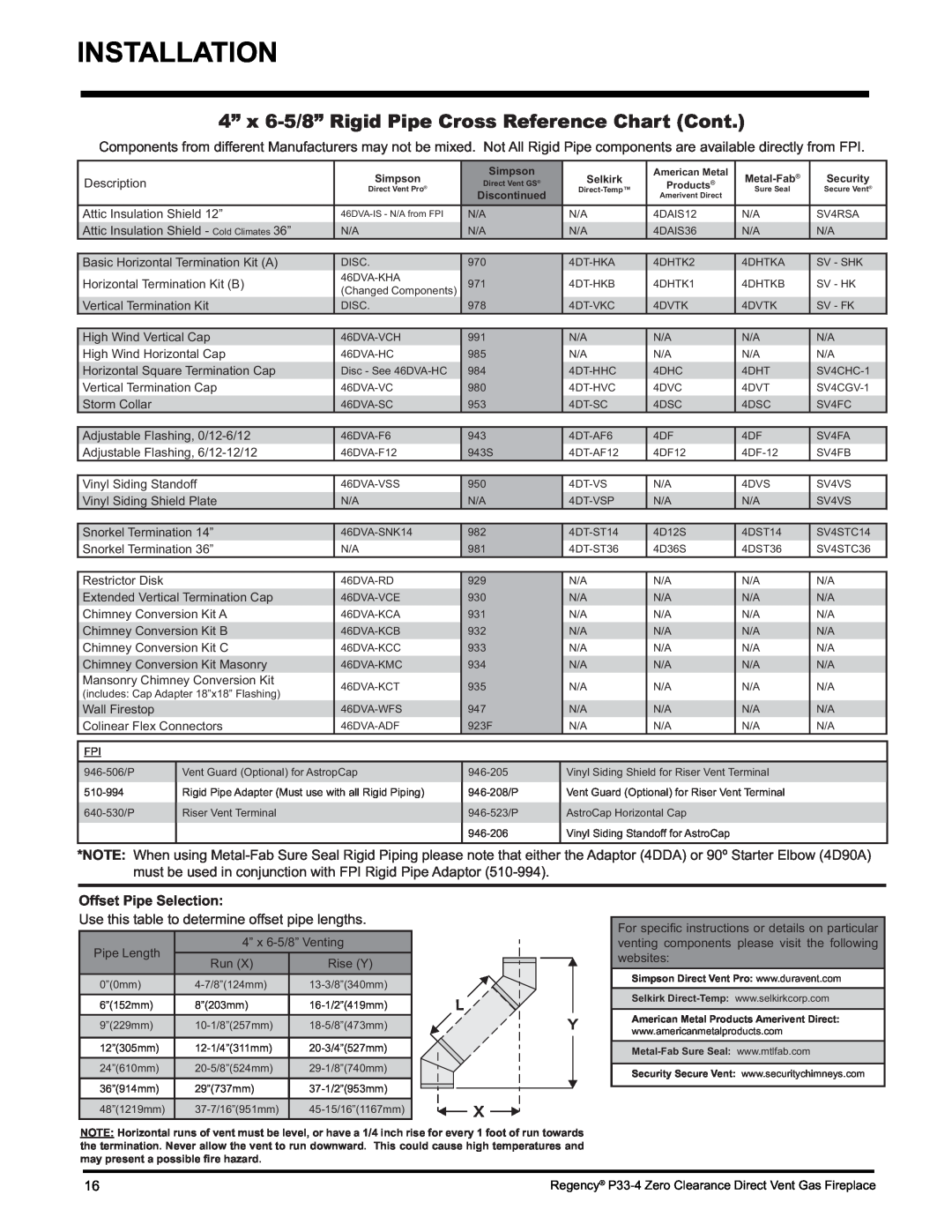 Regency P33-LP4 installation manual Installation, 4” x 6-5/8”Rigid Pipe Cross Reference Chart Cont, Offset Pipe Selection 