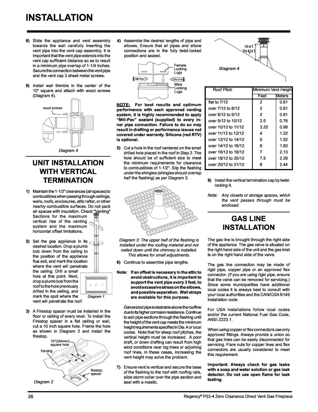 Regency P33-LP4 installation manual Unit Installation With Vertical Termination, Gas Line Installation, Diagram 