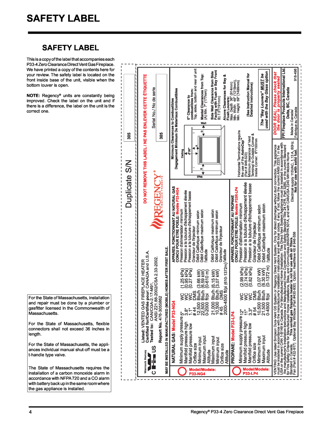 Regency P33-LP4 installation manual Safety Label 