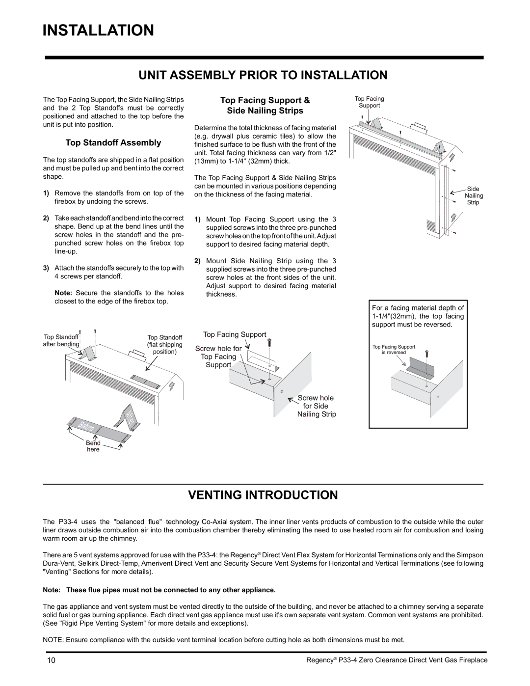 Regency P33-NG4 installation manual Unit Assembly Prior to Installation, Venting Introduction, Top Standoff Assembly 