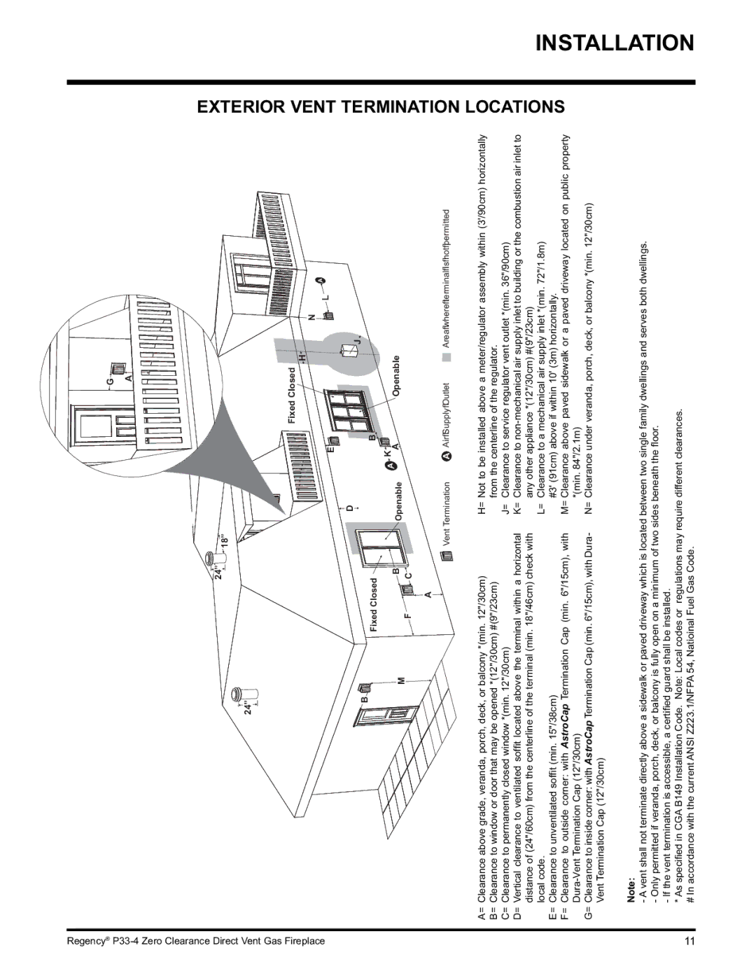 Regency P33-NG4 installation manual Exterior Vent Termination Locations, VentHeight Meters Minimum Feet RoofPitch 