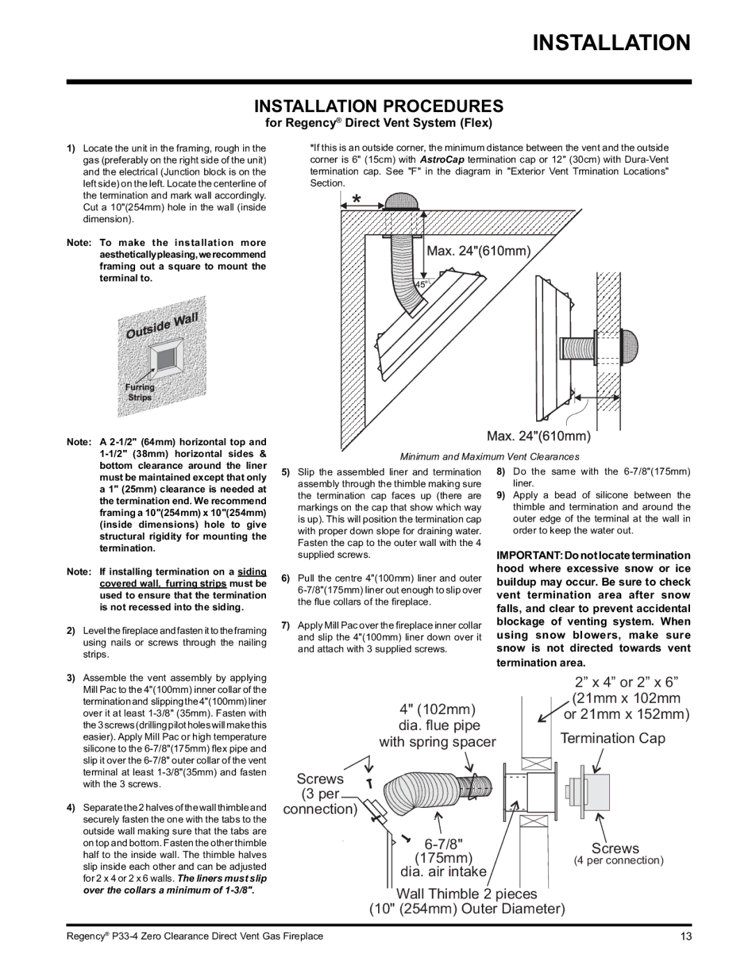 Regency P33-NG4 Installation Procedures, For Regency Direct Vent System Flex, Minimum and Maximum Vent Clearances 