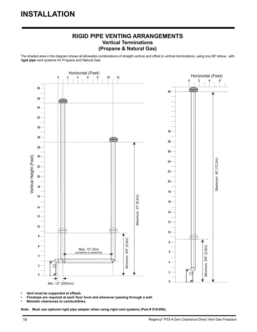 Regency P33-NG4 installation manual Rigid Pipe Venting Arrangements, Vertical Terminations Propane & Natural Gas 