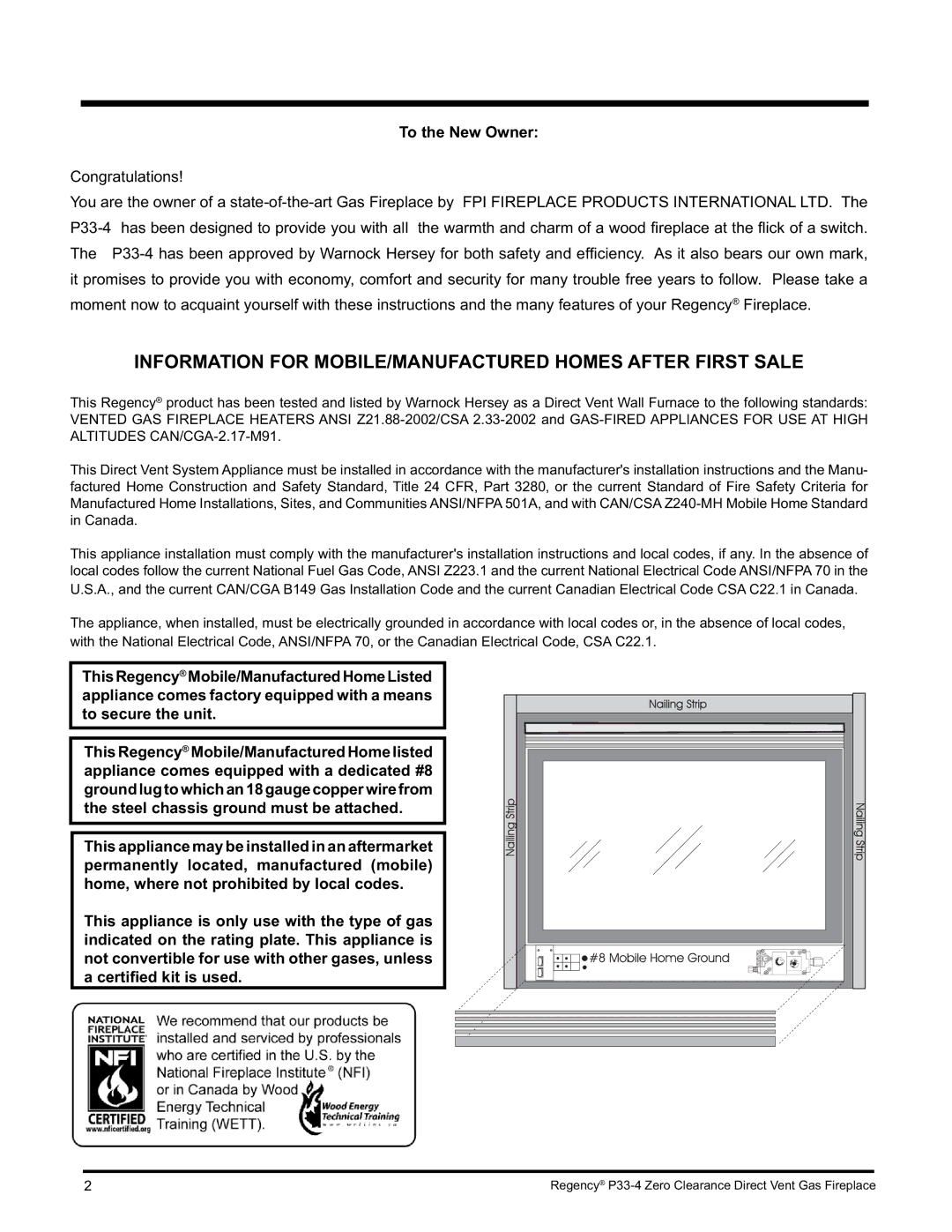 Regency P33-NG4 installation manual Information for MOBILE/MANUFACTURED Homes After First Sale, To the New Owner 