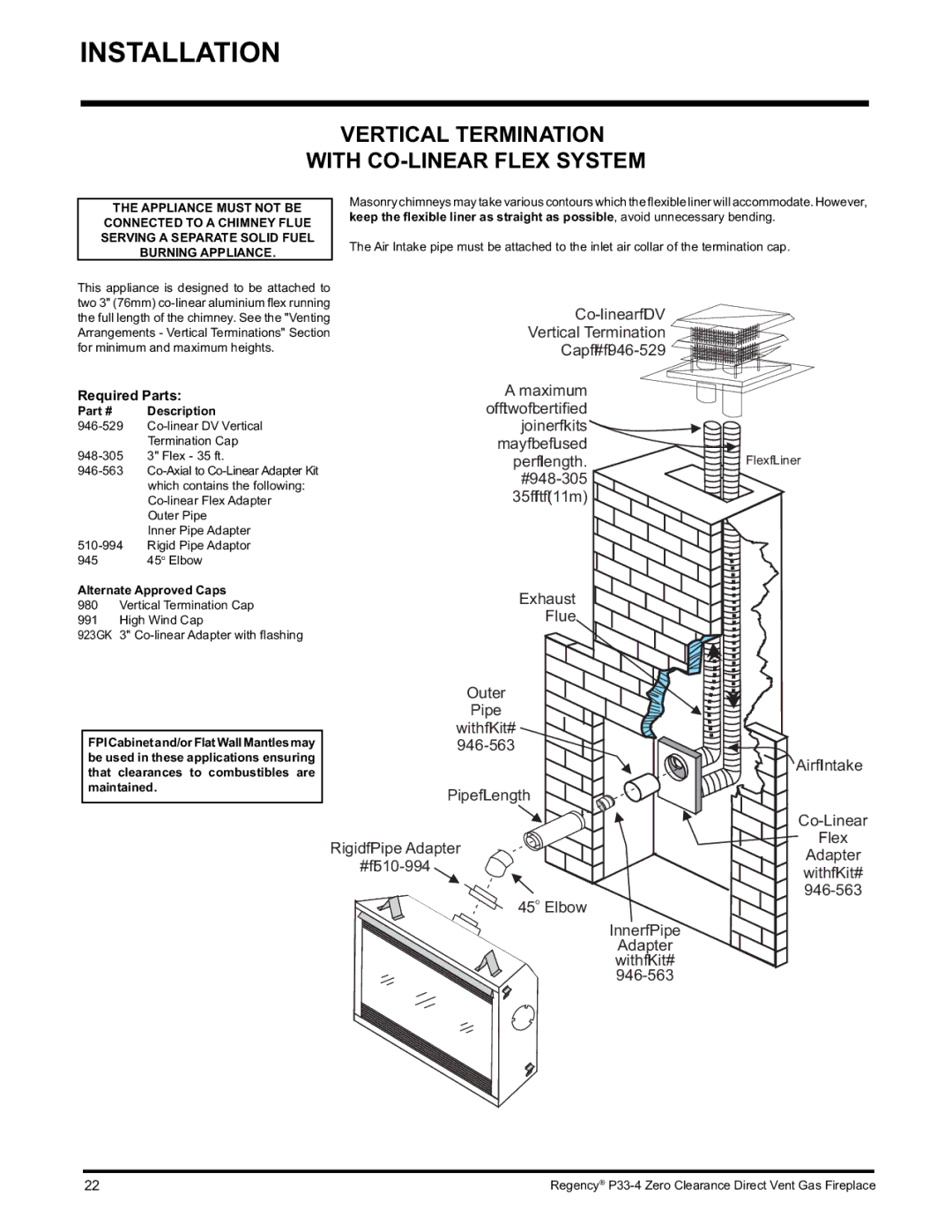 Regency P33-NG4 Vertical Termination With CO-LINEAR Flex System, Required Parts, Description, Alternate Approved Caps 