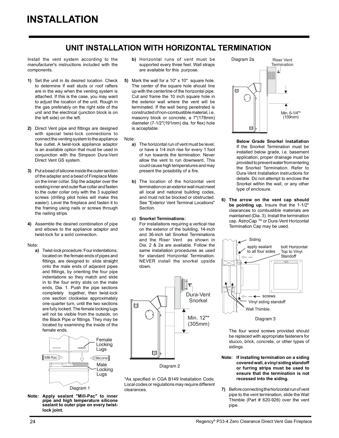 Regency P33-NG4 installation manual Unit Installation with Horizontal Termination, Snorkel Terminations, Lock joint 