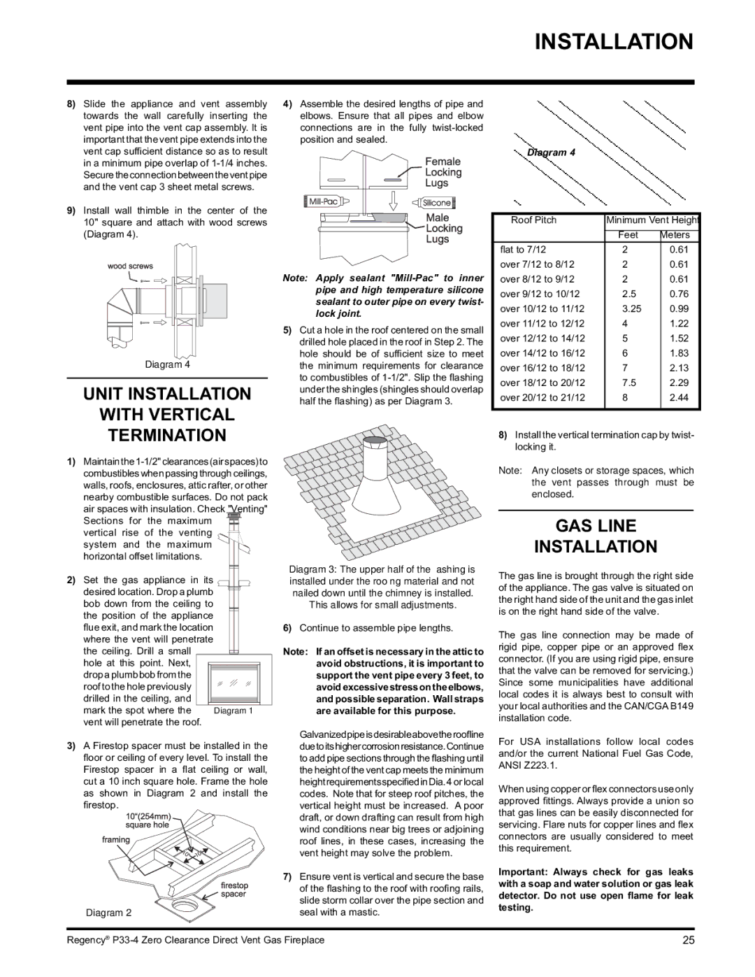 Regency P33-NG4 Unit Installation With Vertical Termination, GAS Line Installation, This allows for small adjustments 