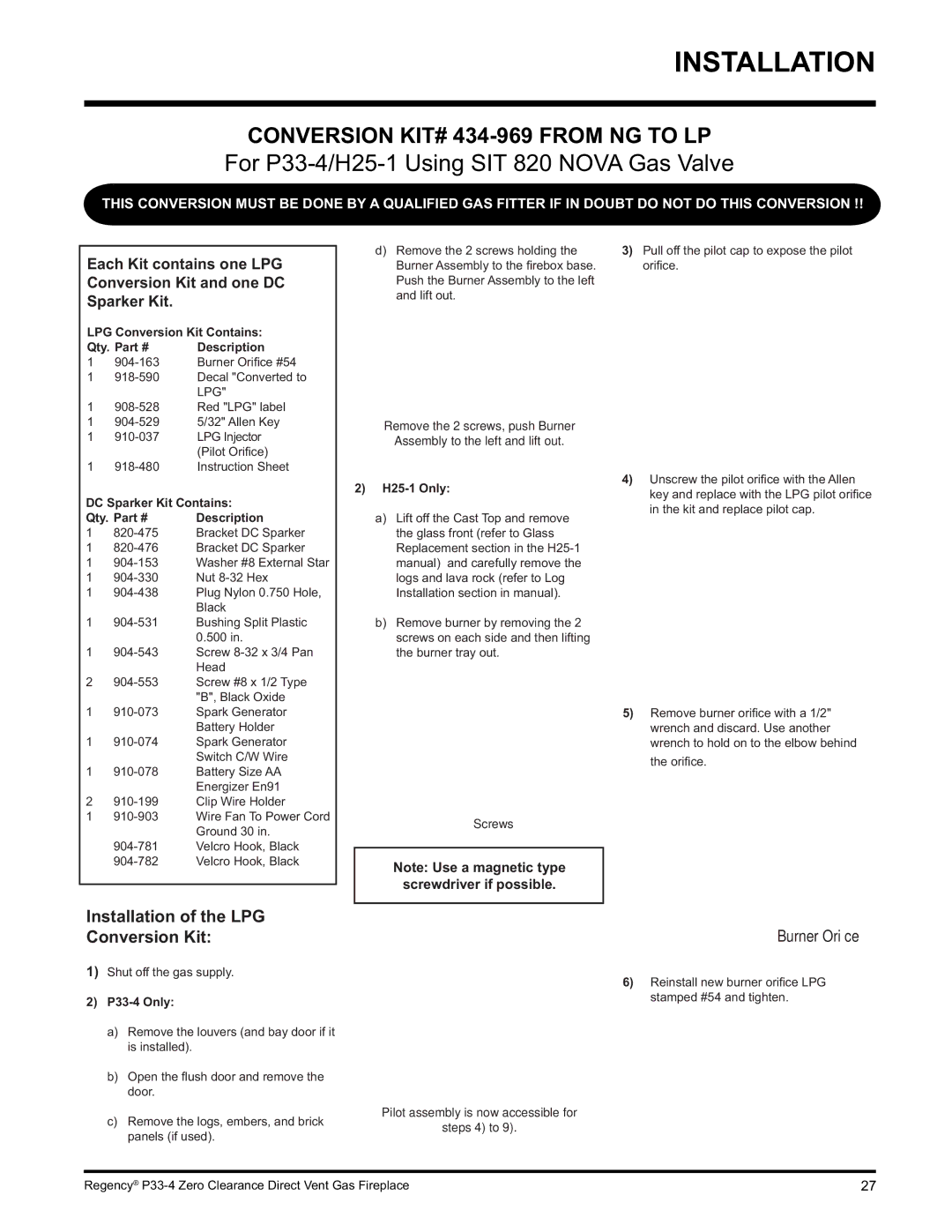 Regency P33-NG4 installation manual For P33-4/H25-1 Using SIT 820 Nova Gas Valve, Conversion KIT# 434-969 from NG to LP 