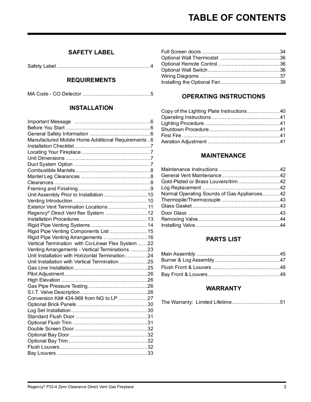 Regency P33-NG4 installation manual Table of Contents 