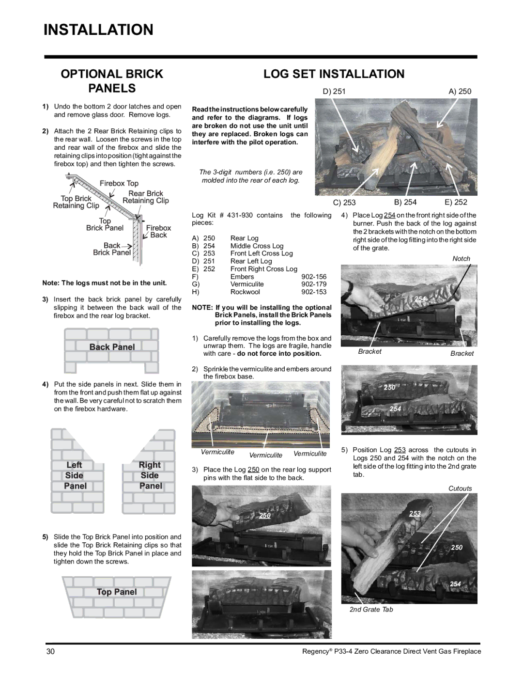 Regency P33-NG4 installation manual 250, 251 