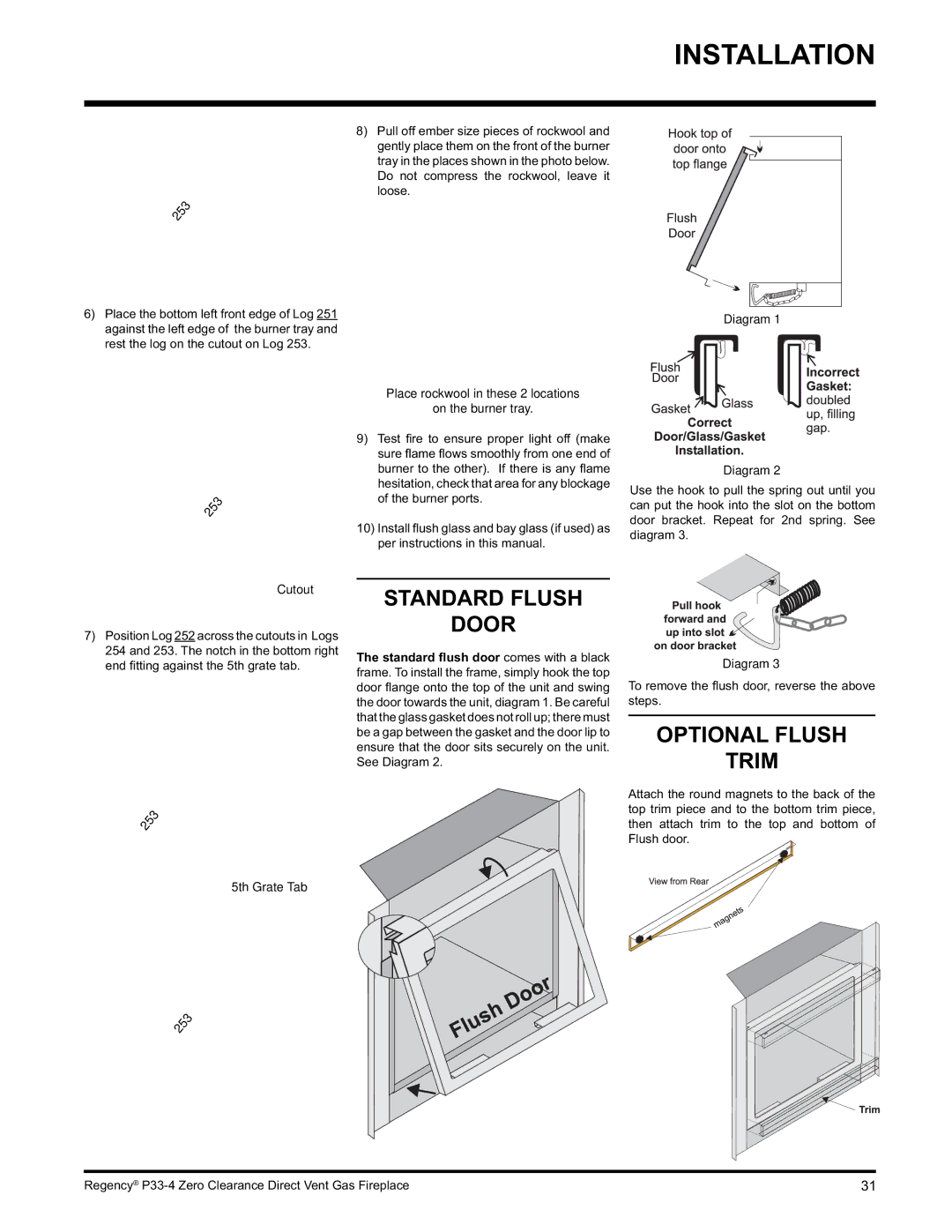 Regency P33-NG4 installation manual Standard Flush Door, Optional Flush Trim, Cutout, 5th Grate Tab 