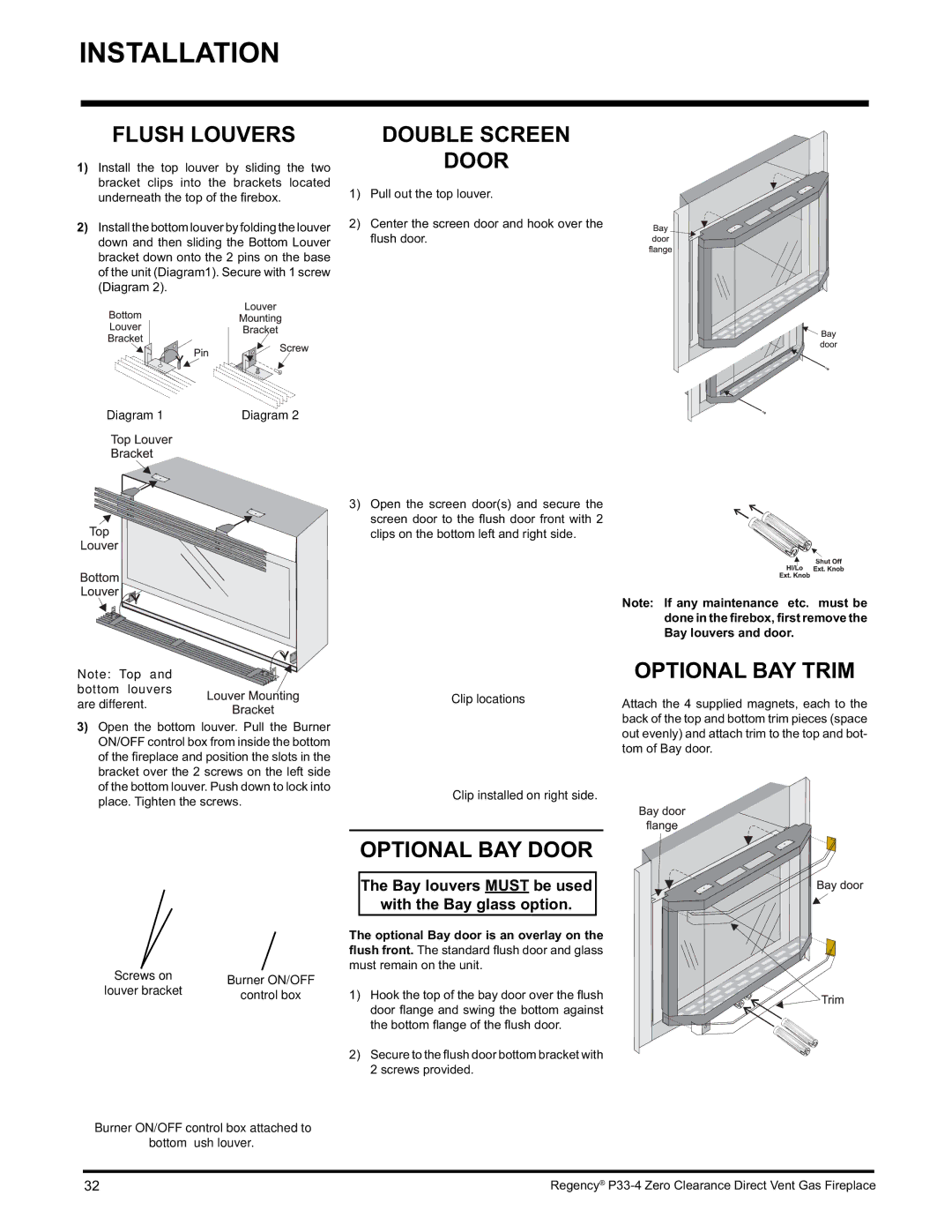 Regency P33-NG4 installation manual Flush Louvers, Double Screen Door, Optional BAY Trim, Optional BAY Door 