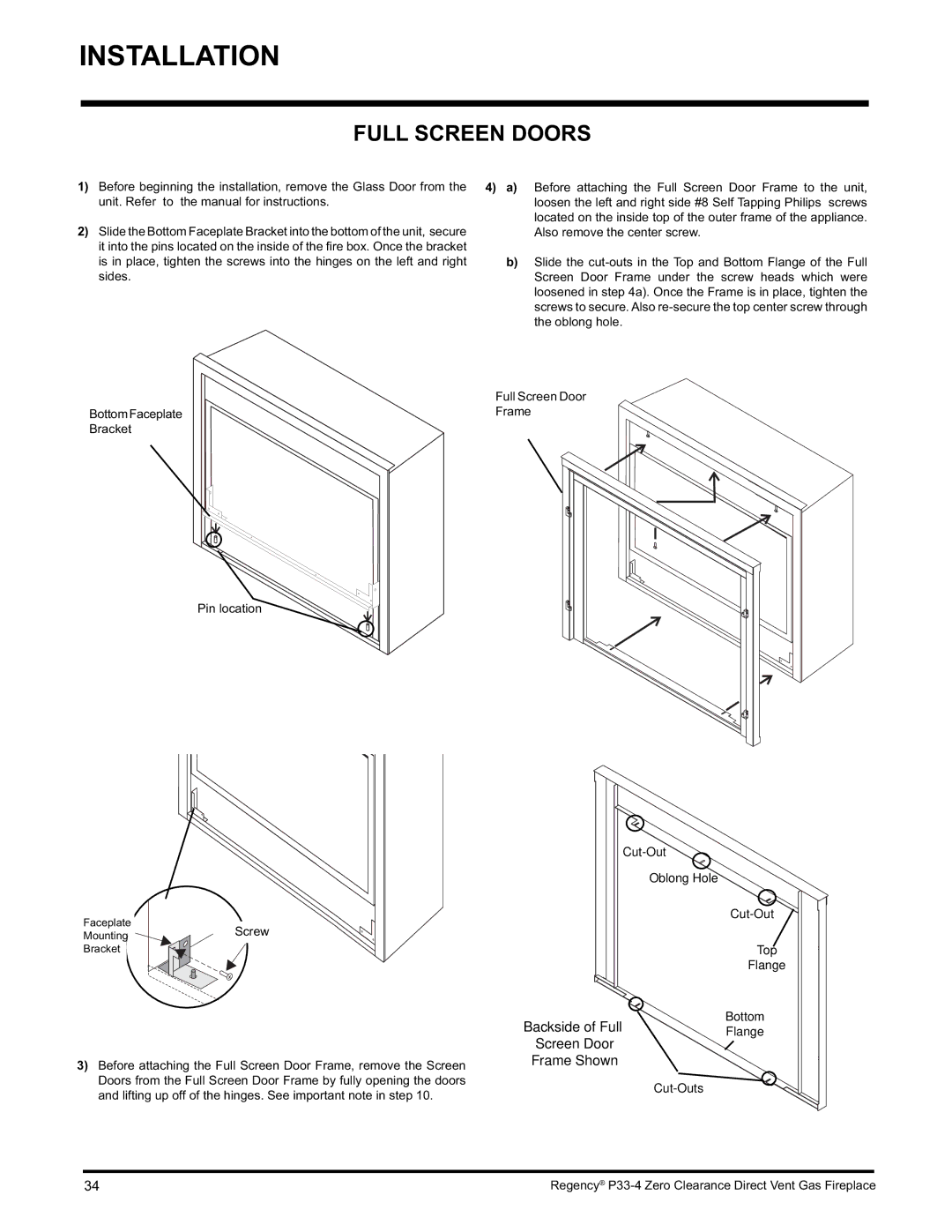 Regency P33-NG4 installation manual Full Screen Doors, Cut-Out Oblong Hole Top Flange Bottom, Cut-Outs 