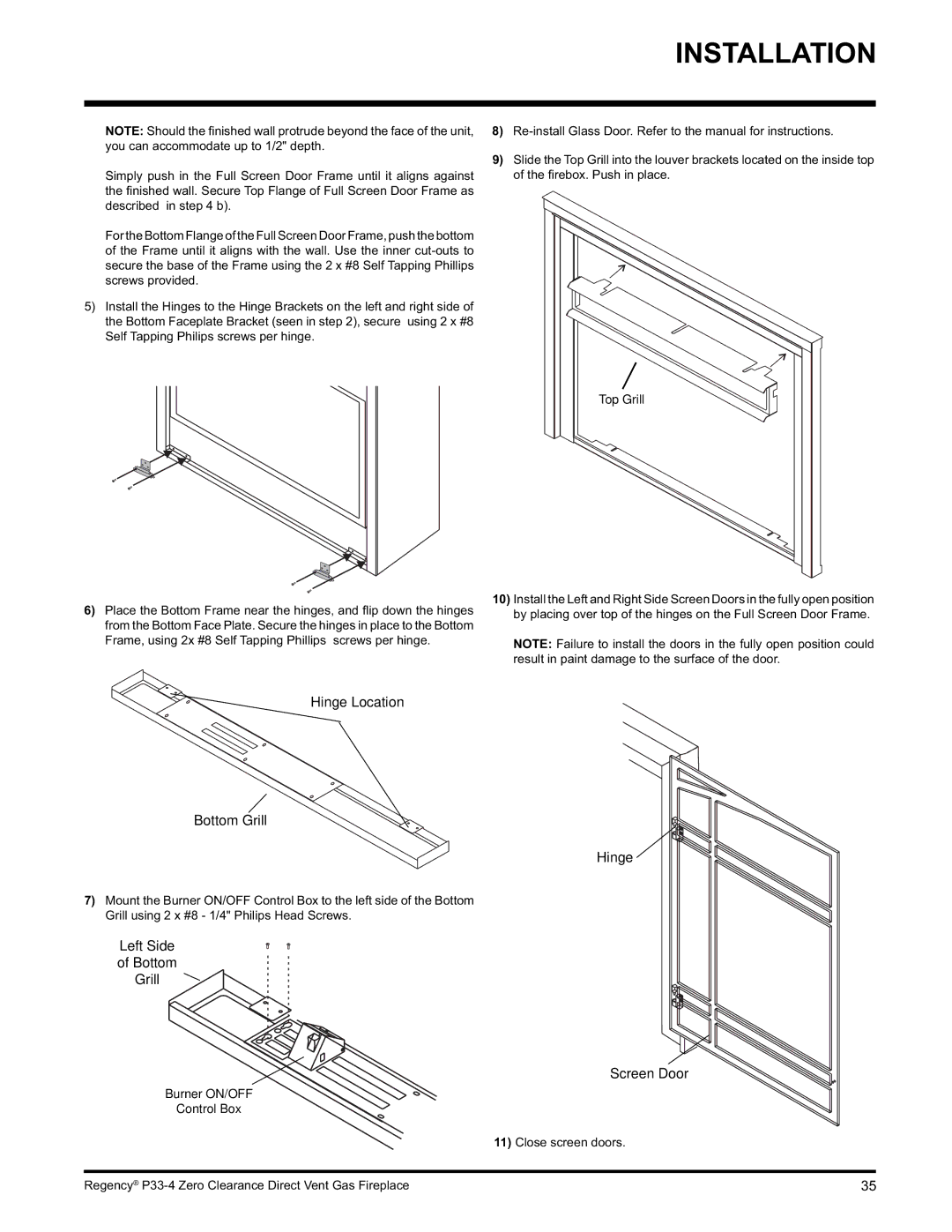 Regency P33-NG4 installation manual Hinge Location Bottom Grill, Top Grill 