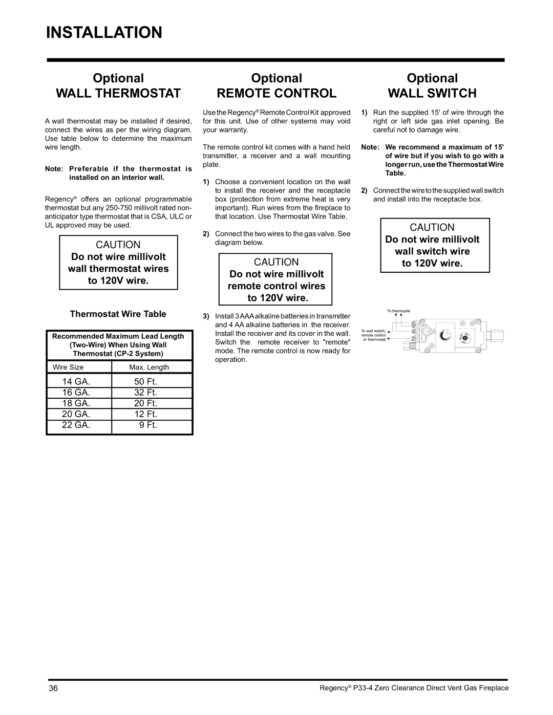 Regency P33-NG4 installation manual Wall Thermostat, Remote Control, Wall Switch, Thermostat Wire Table 