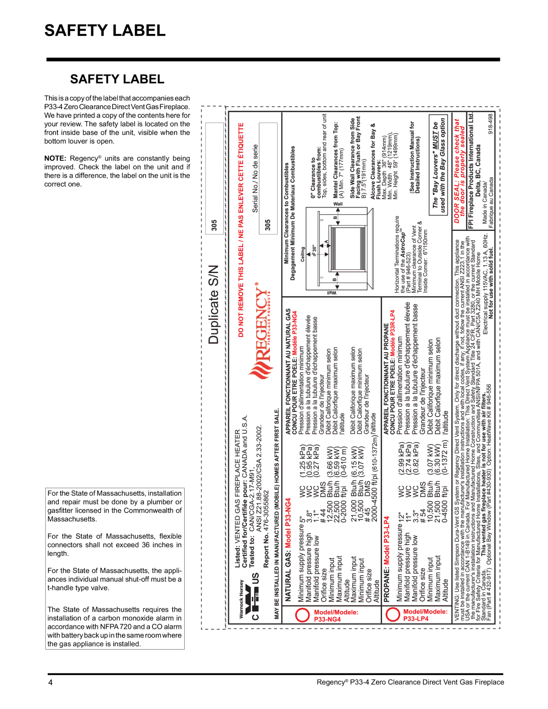 Regency P33-NG4 installation manual Safety Label 