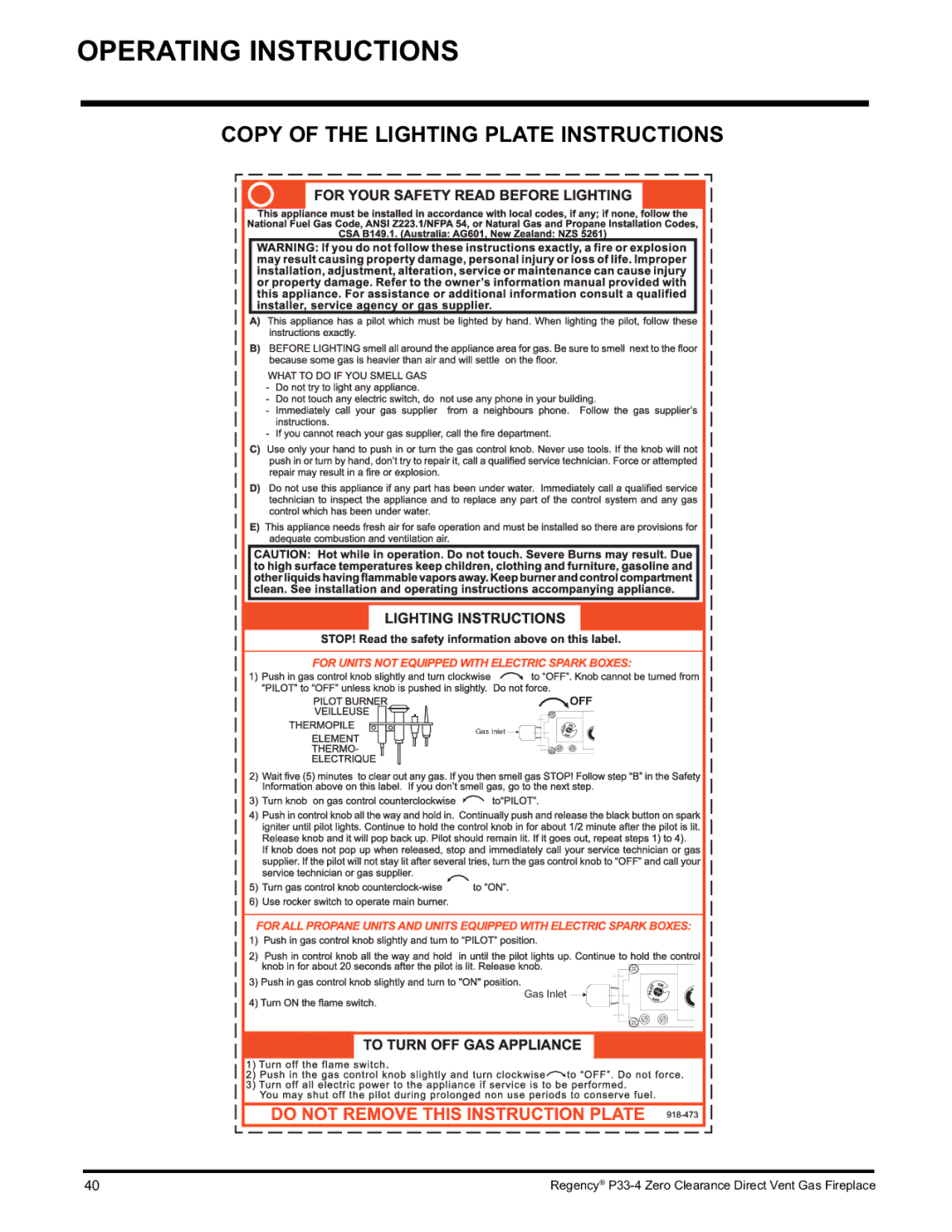 Regency P33-NG4 installation manual Operating Instructions, Copy of the Lighting Plate Instructions 