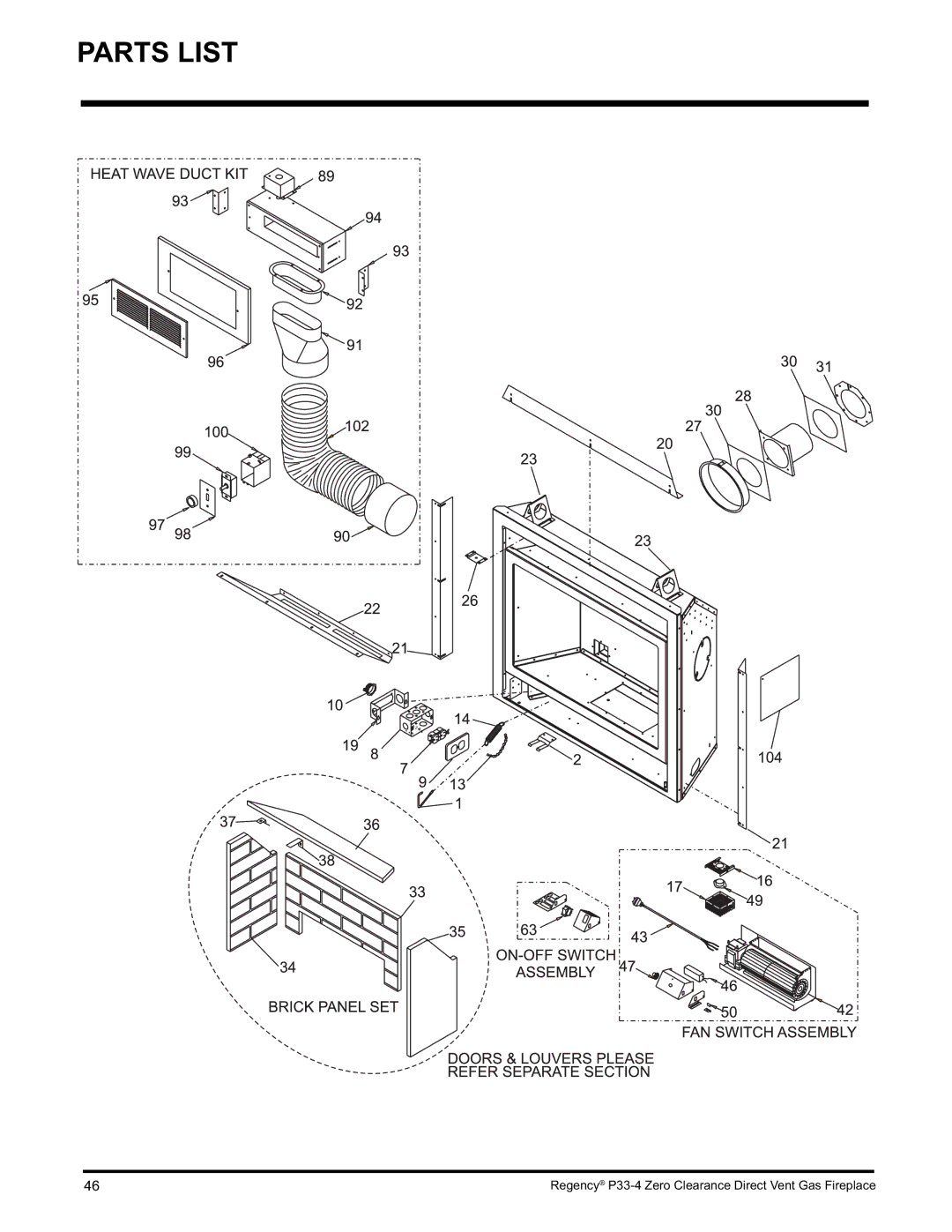 Regency P33-NG4 installation manual Parts List 