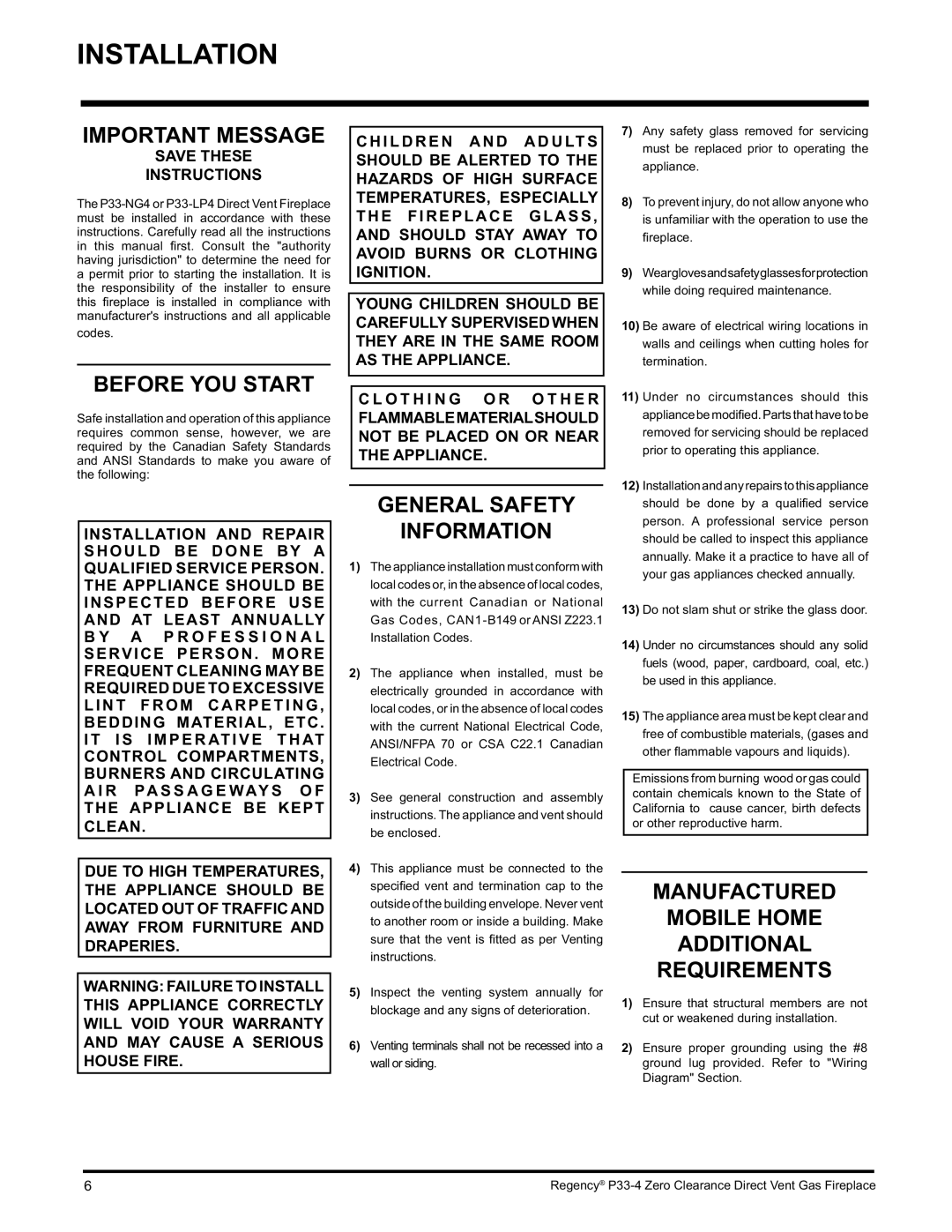 Regency P33-NG4 installation manual Installation, Important Message, Before YOU Start, General Safety Information 