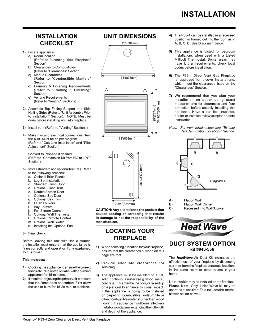 Regency P33-NG4 Installation Checklist, Unit Dimensions, Locating Your Fireplace, Duct System Option, Kit #946-556 