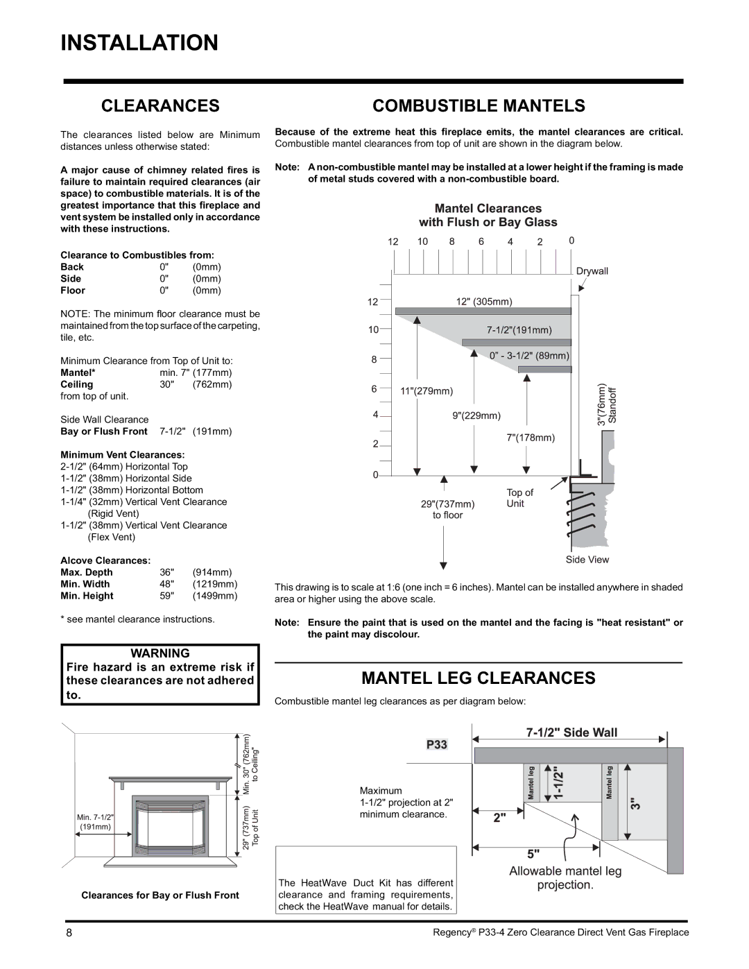 Regency P33-NG4 installation manual Mantel LEG Clearances 