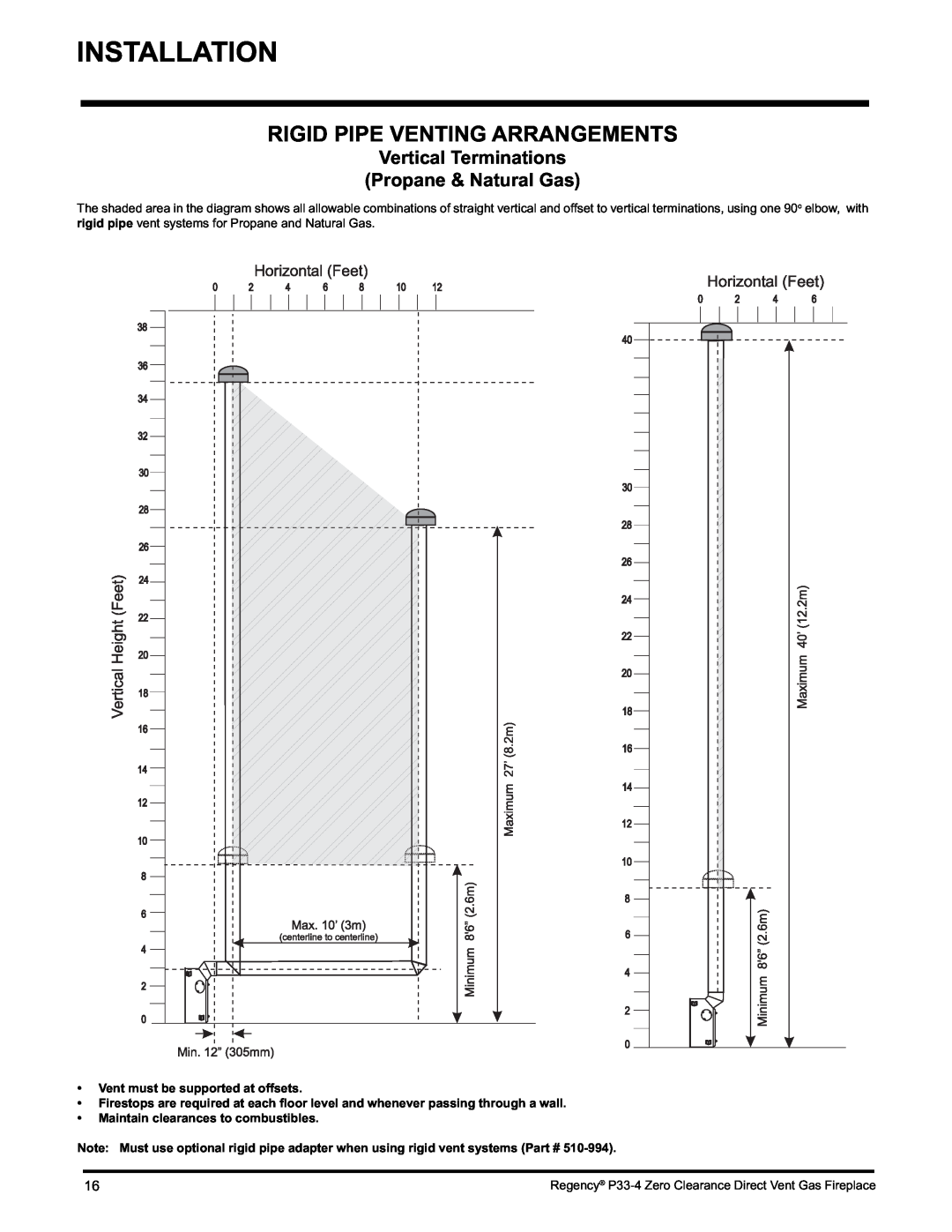 Regency P33-NG4 installation manual Rigid Pipe Venting Arrangements, Vertical Terminations Propane & Natural Gas 