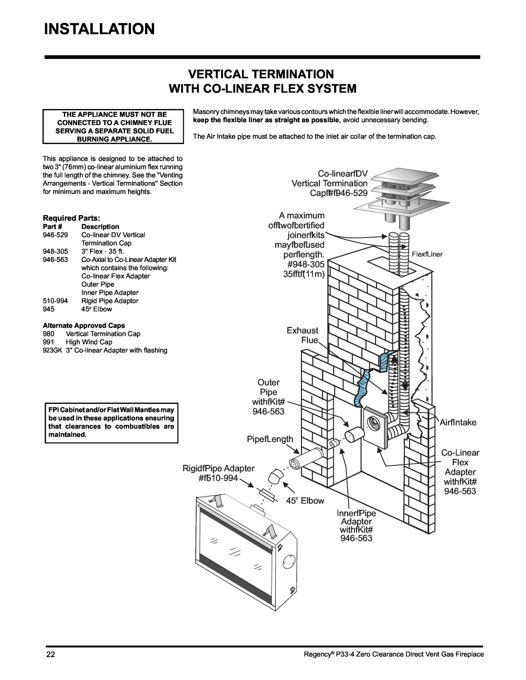 Regency P33-NG4 Vertical Termination With Co-Linearflex System, Co-linearDV Vertical Termination Cap #, Exhaust Flue 