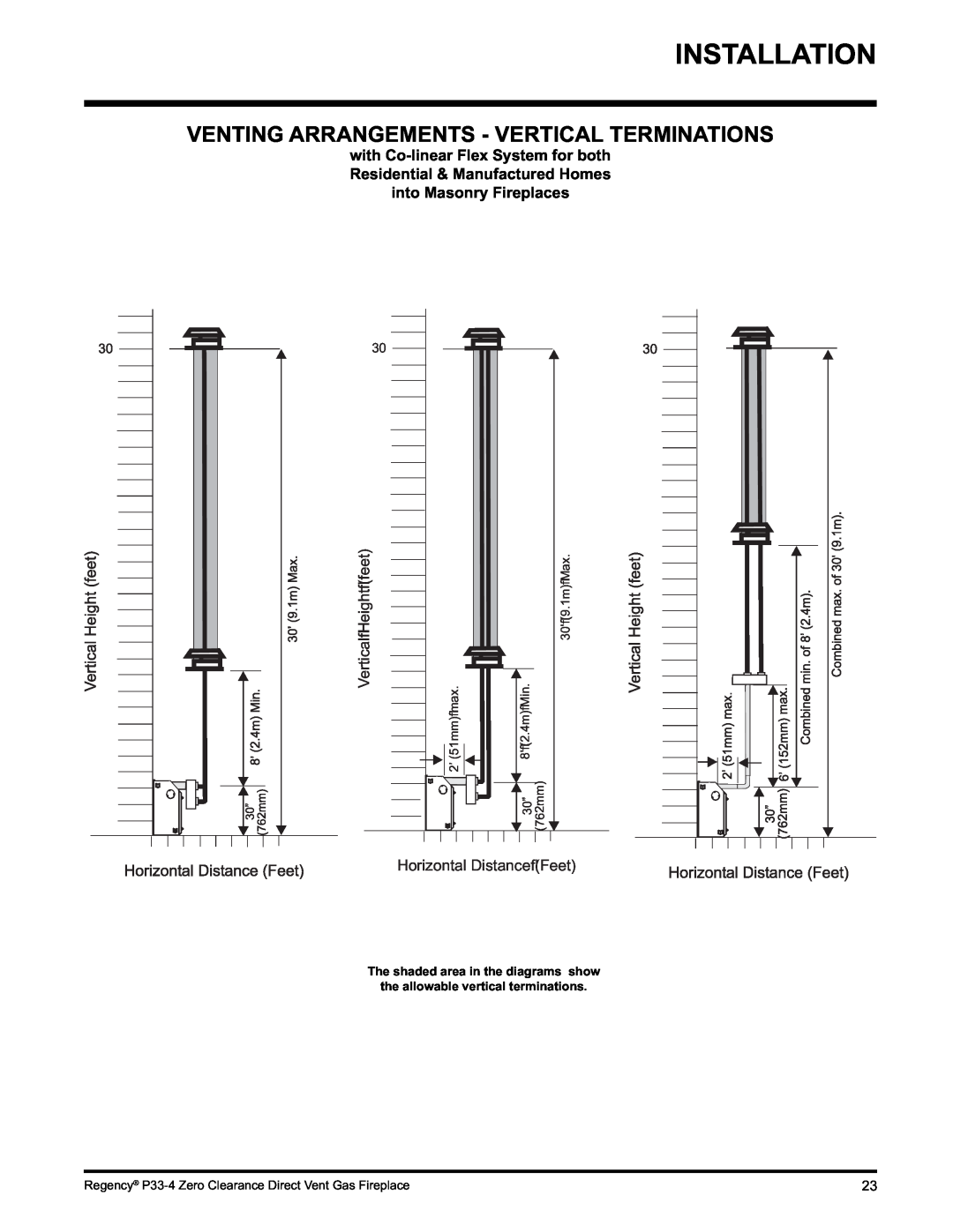 Regency P33-NG4 Venting Arrangements - Vertical Terminations, VerticalHeightfeet, Horizontal Distance Feet, 762mm 