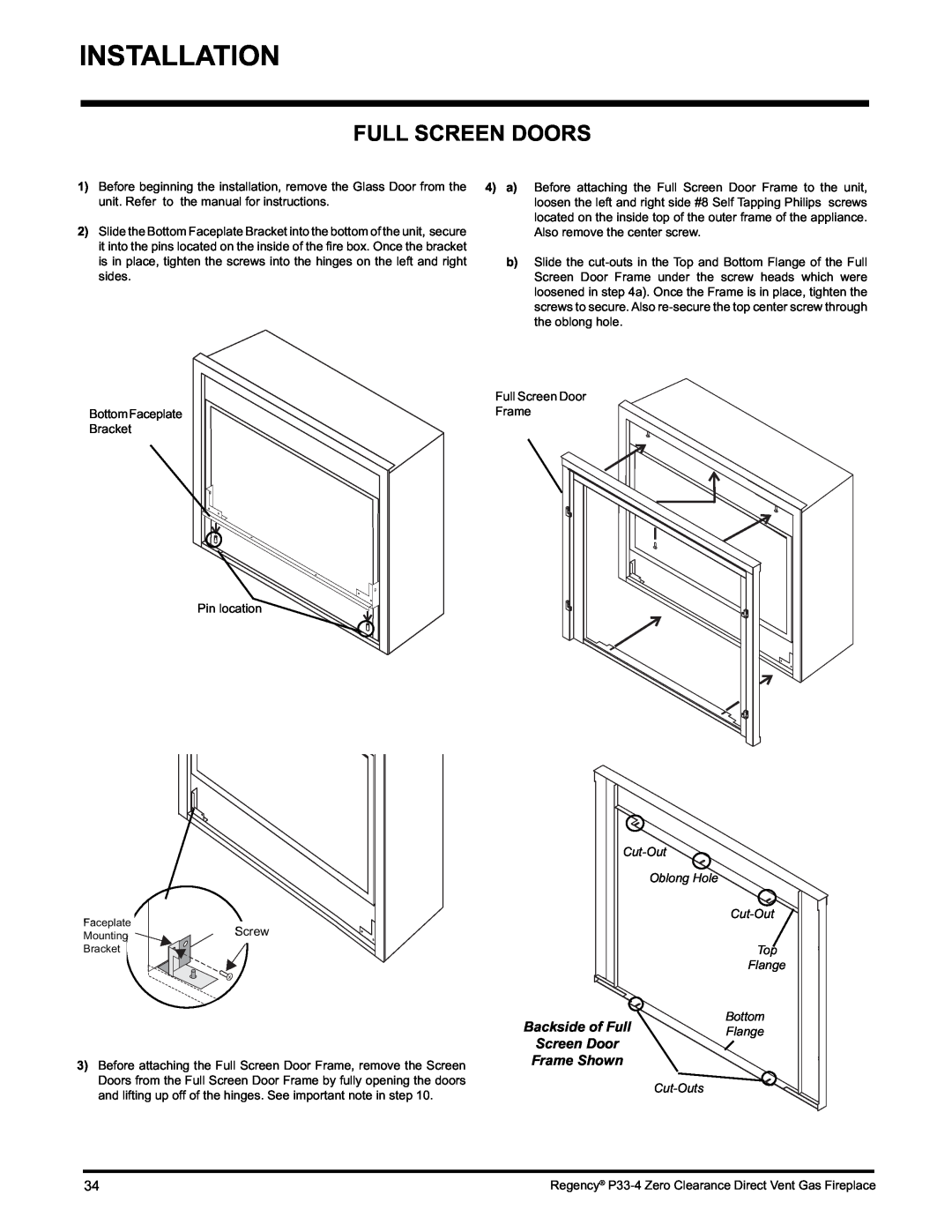 Regency P33-NG4 installation manual Full Screen Doors, Backside of FullFlange Screen Door Frame Shown, Cut-Outs 