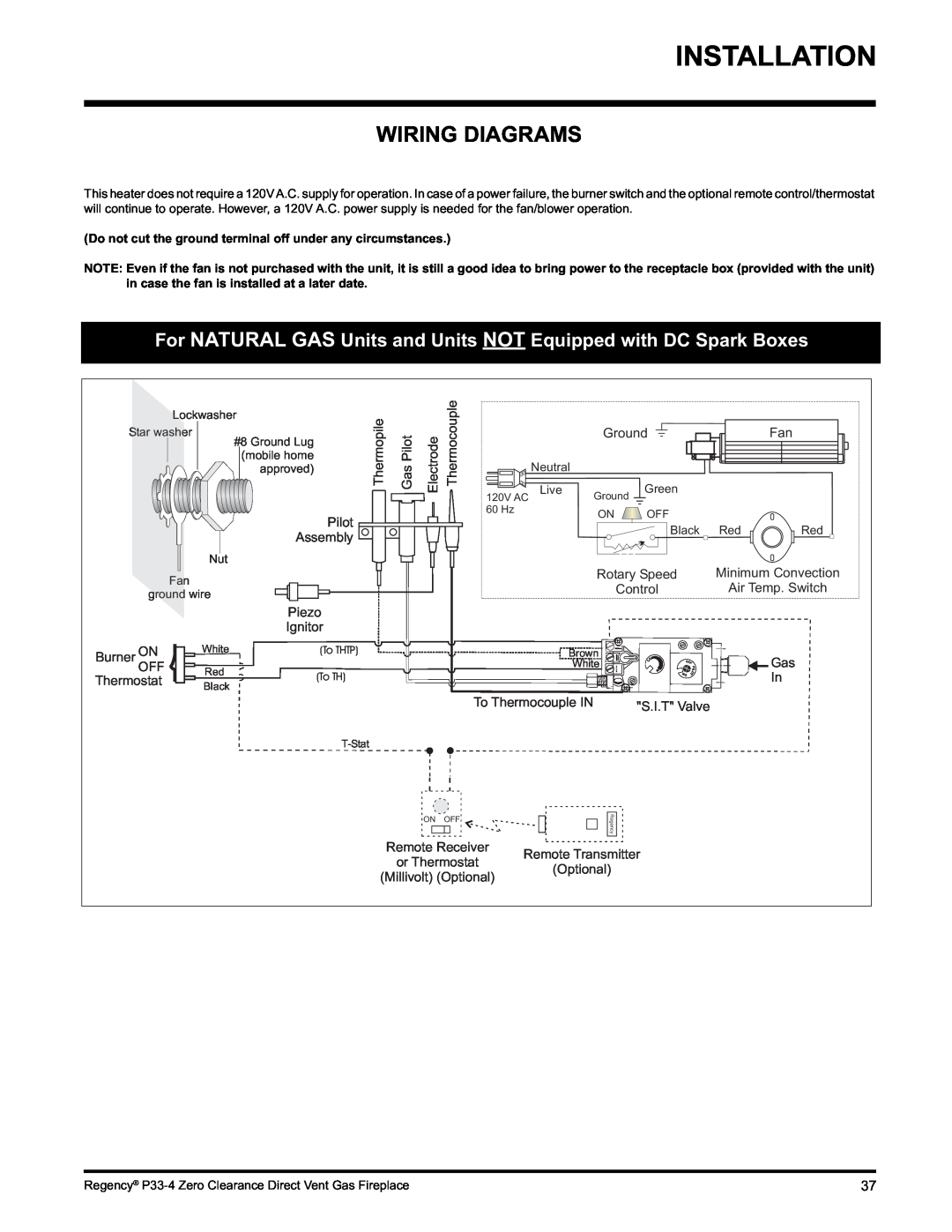 Regency P33-NG4 installation manual Wiring Diagrams, Thermopile, Thermocouple, GasPilot, Electrode, Ground 