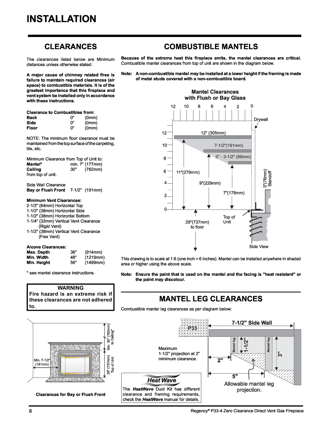 Regency P33-NG4 Mantel Leg Clearances, Combustible Mantels, Clearance to Combustibles from, Back, Side, Floor, Ceiling 