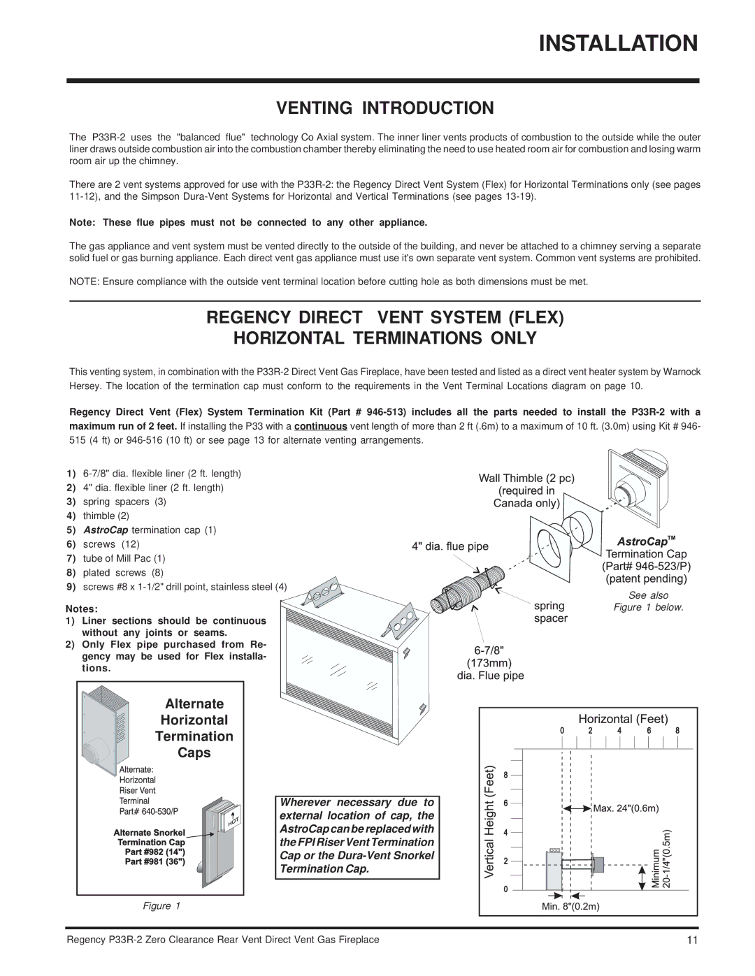 Regency P33R-NG2, P33R-LP2 Venting Introduction, Regency Direct Vent System Flex Horizontal Terminations only 