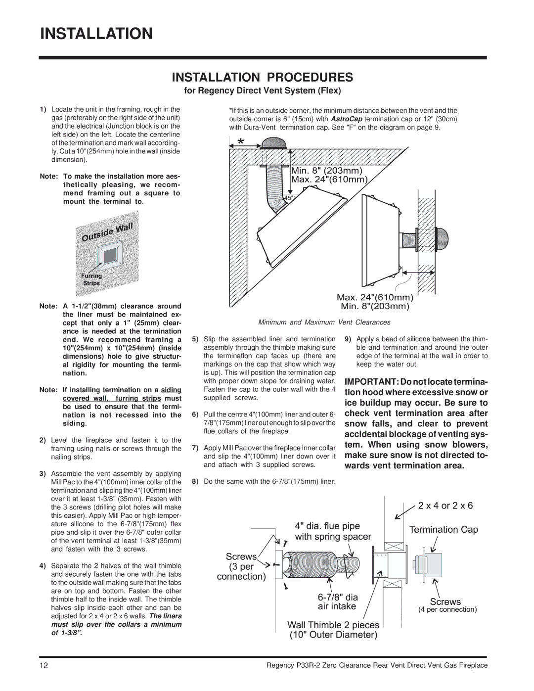 Regency P33R-LP2, P33R-NG2 installation manual Installation Procedures, For Regency Direct Vent System Flex 