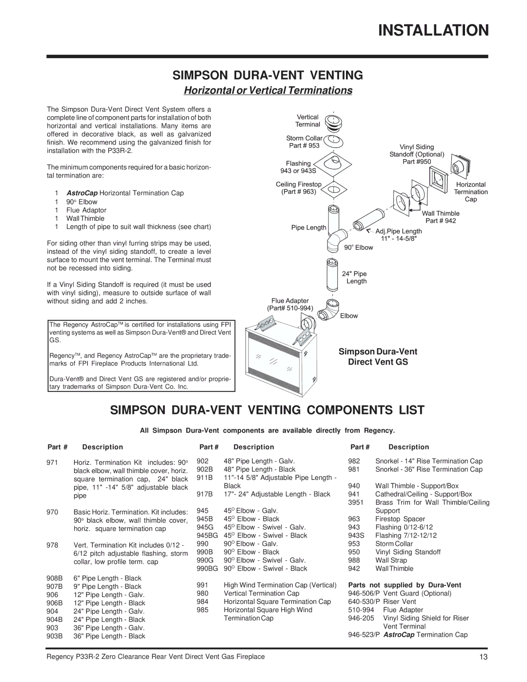 Regency P33R-NG2, P33R-LP2 Simpson DURA-VENT Venting Components List, Simpson Dura-Vent Direct Vent GS 