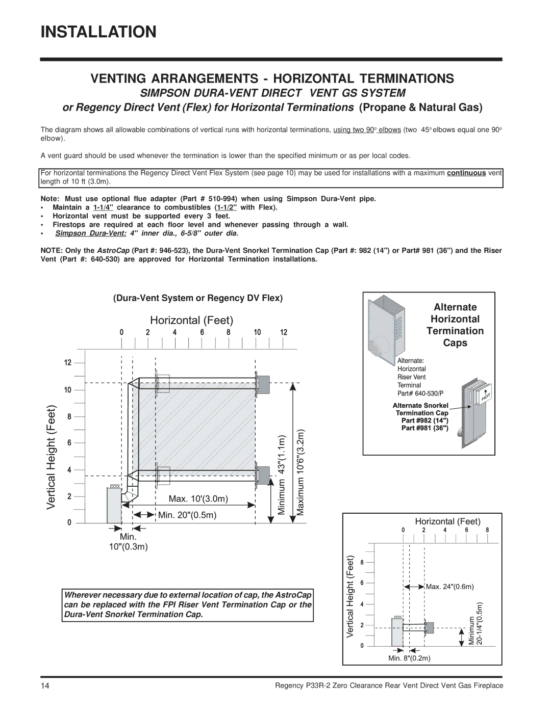 Regency P33R-LP2, P33R-NG2 Venting Arrangements Horizontal Terminations, Dura-Vent System or Regency DV Flex 