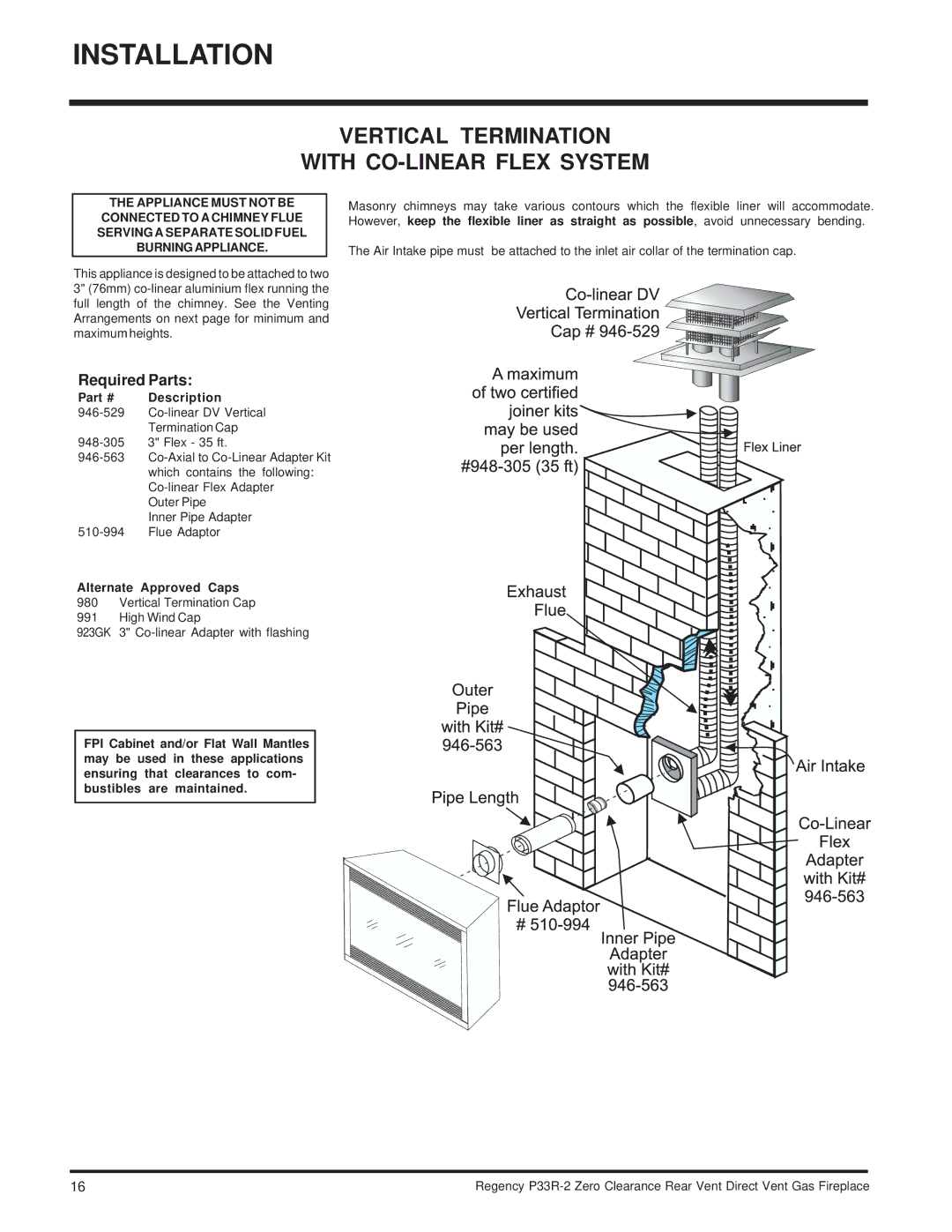 Regency P33R-LP2, P33R-NG2 Vertical Termination With CO-LINEAR Flex System, Required Parts, Alternate Approved Caps 