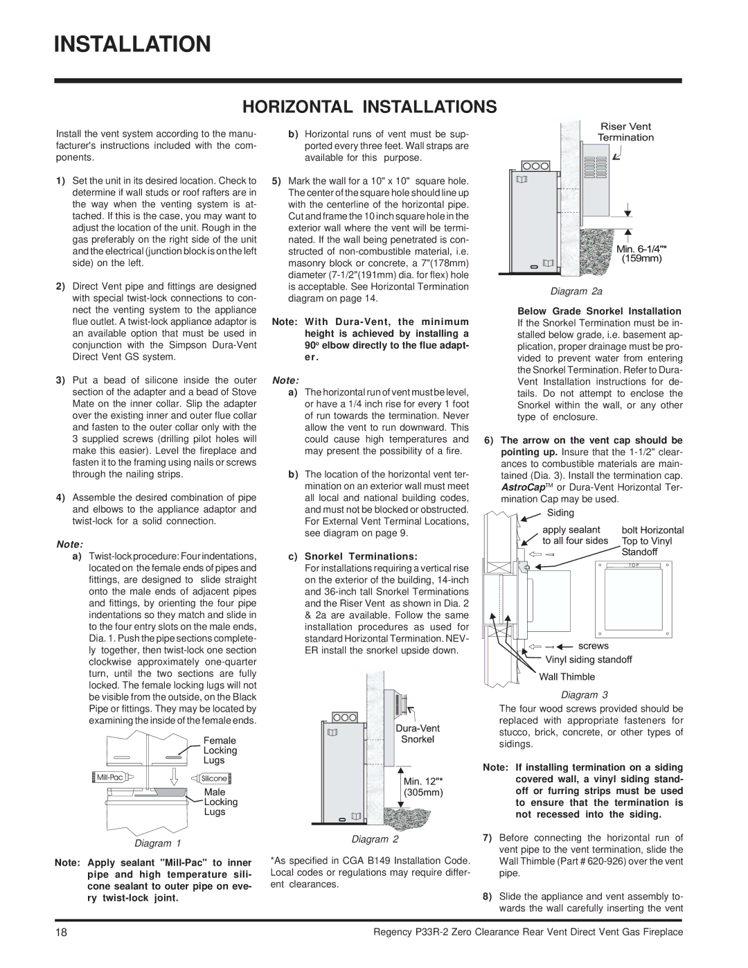 Regency P33R-LP2, P33R-NG2 installation manual Horizontal Installations, Snorkel Terminations 