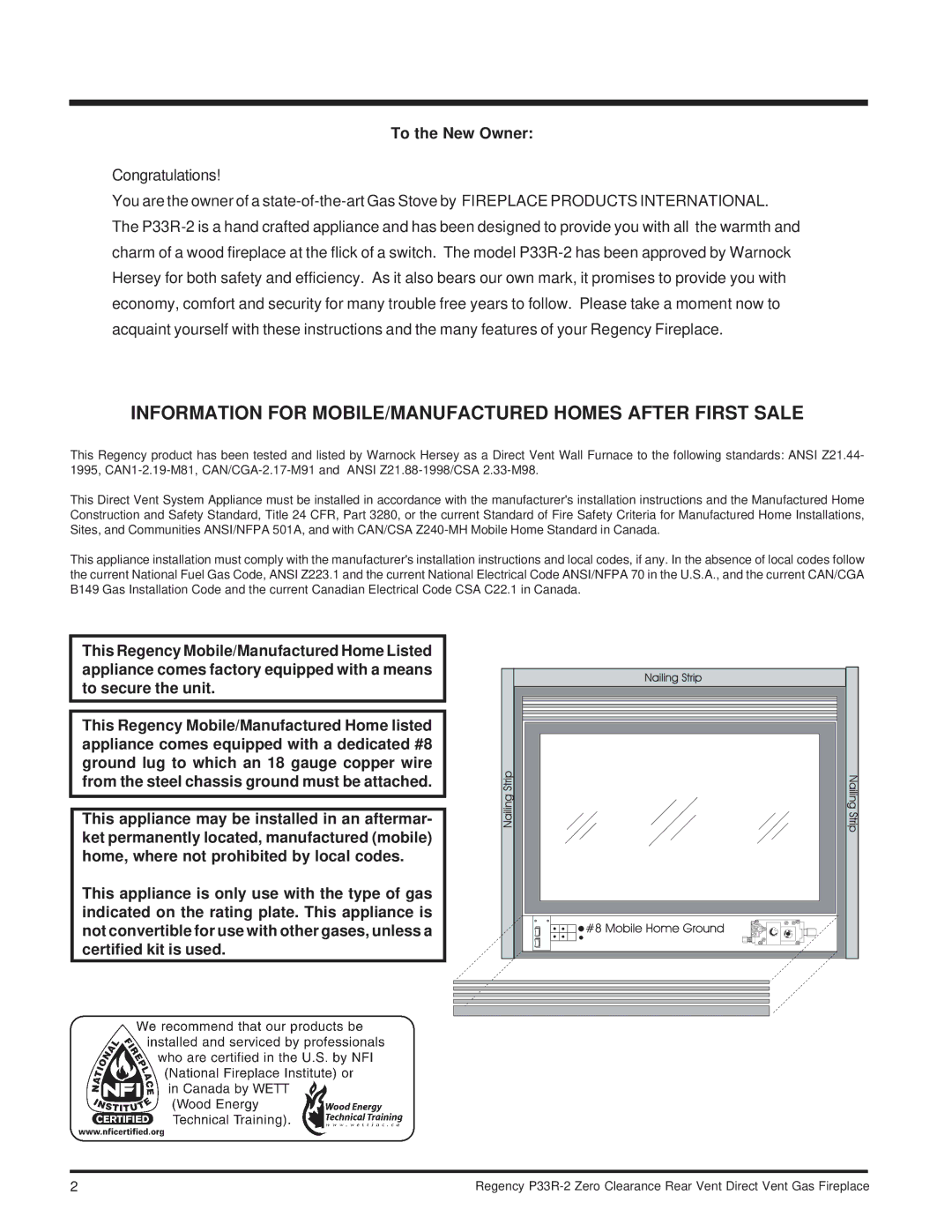 Regency P33R-LP2, P33R-NG2 installation manual Information for MOBILE/MANUFACTURED Homes After First Sale, To the New Owner 