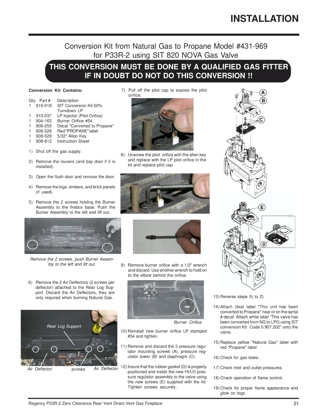 Regency P33R-NG2, P33R-LP2 installation manual Conversion Kit Contains, Rear Log Support 