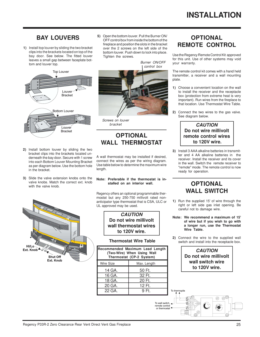 Regency P33R-NG2 BAY Louvers, Optional Wall Thermostat Remote Control, Optional Wall Switch, Thermostat Wire Table 