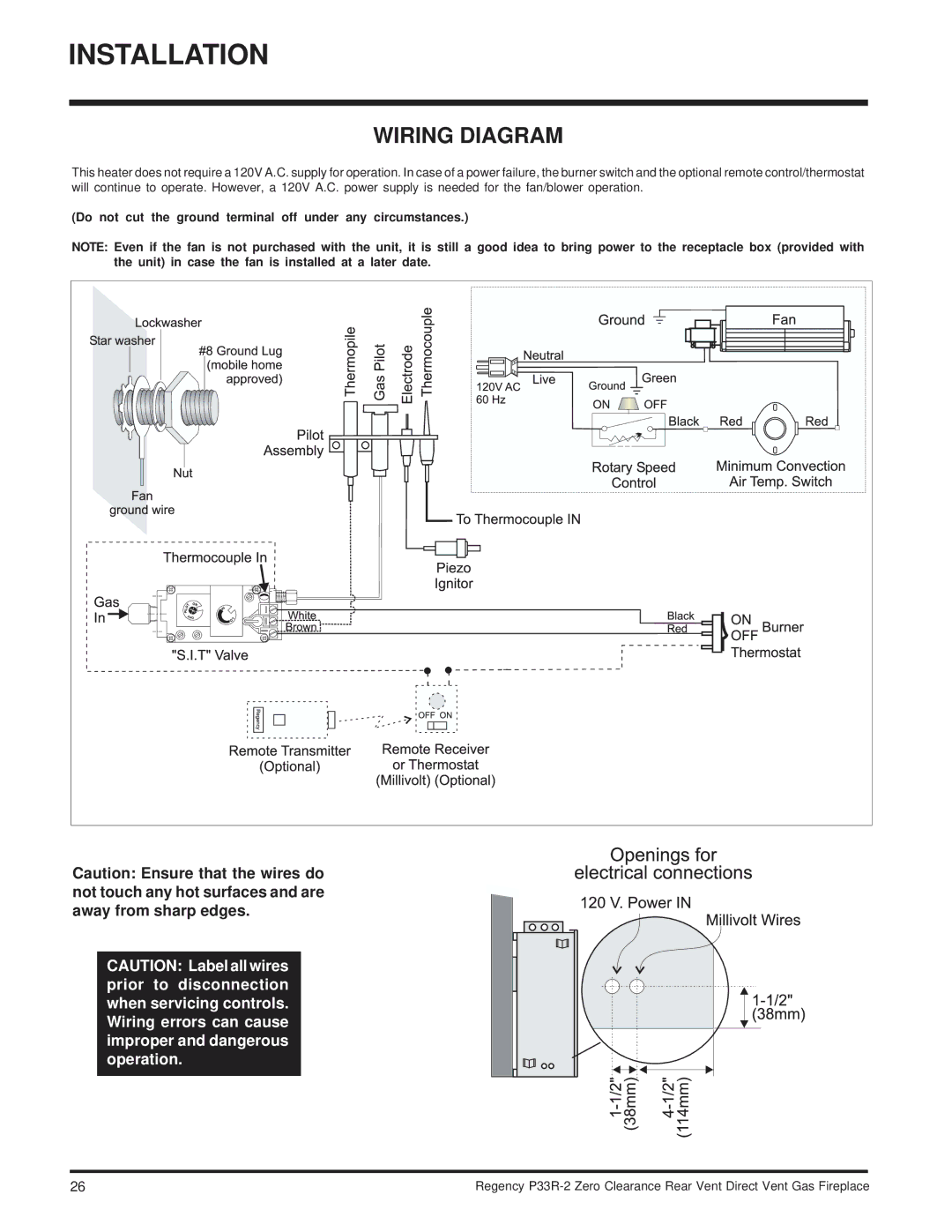 Regency P33R-LP2, P33R-NG2 installation manual Wiring Diagram, Do not cut the ground terminal off under any circumstances 