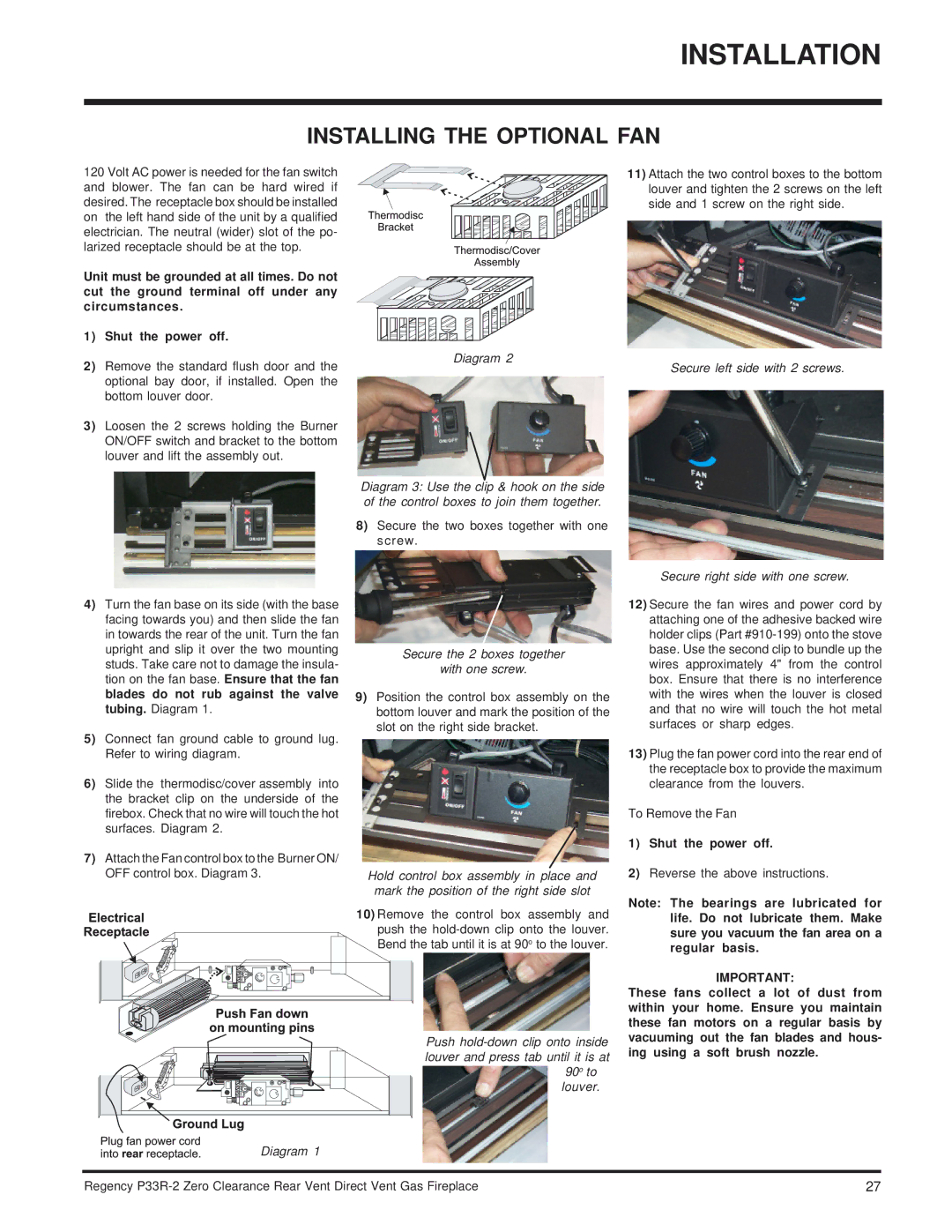 Regency P33R-NG2, P33R-LP2 installation manual Installing the Optional FAN, Secure left side with 2 screws 