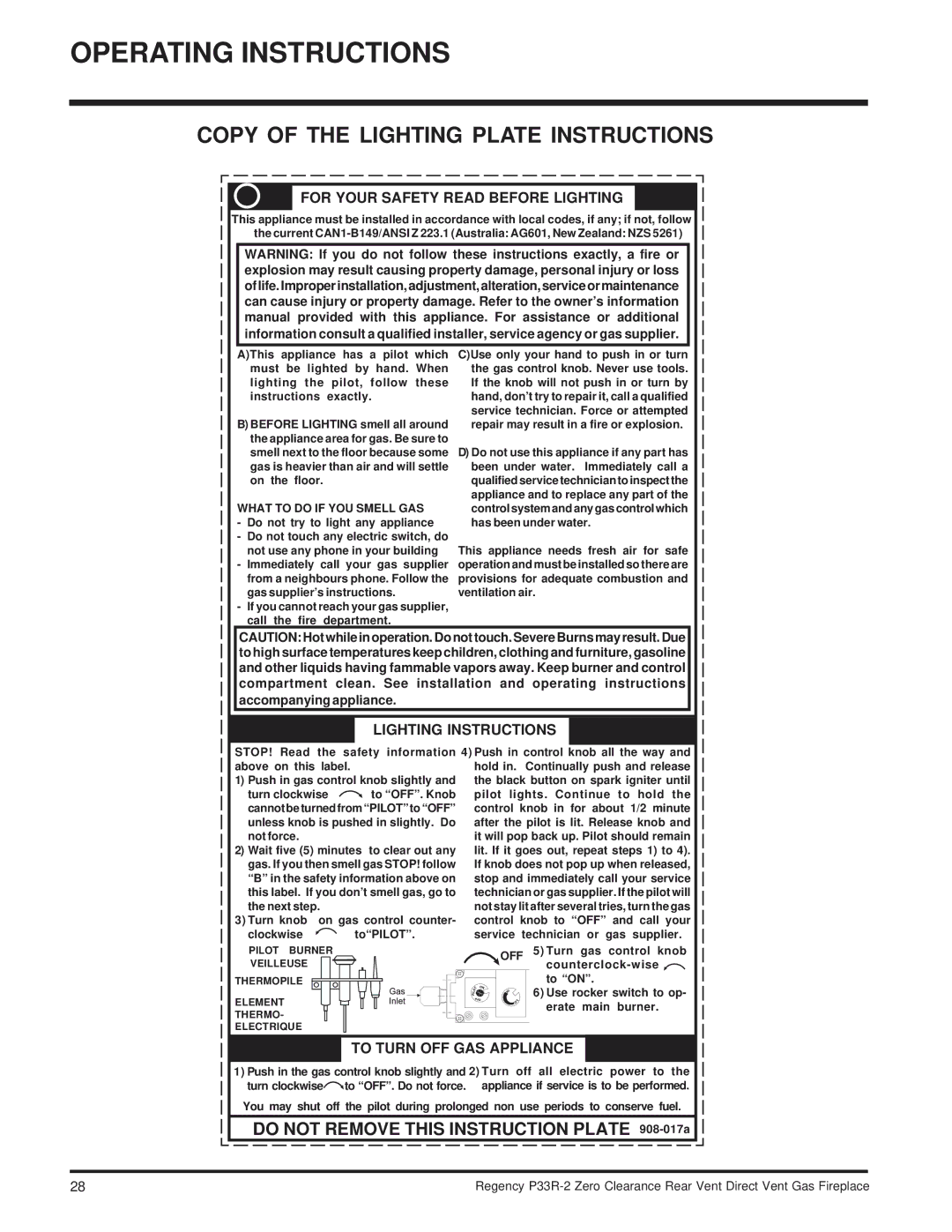 Regency P33R-LP2, P33R-NG2 installation manual Operating Instructions, Copy of the Lighting Plate Instructions 