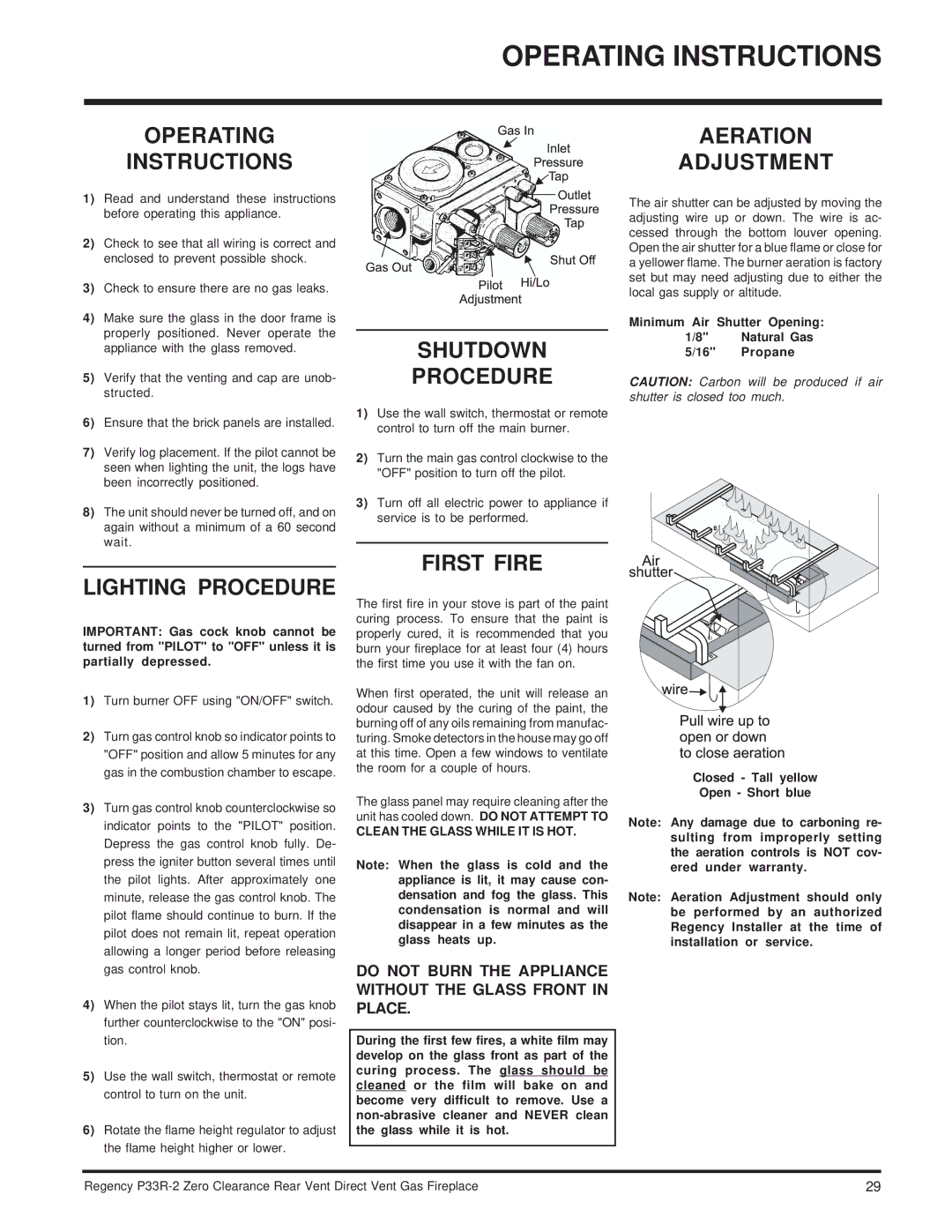 Regency P33R-NG2, P33R-LP2 Operating Instructions, Lighting Procedure, Shutdown Procedure, First Fire, Aeration Adjustment 