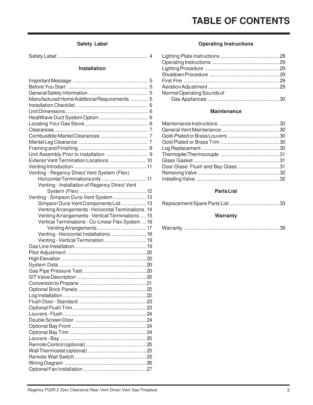 Regency P33R-NG2, P33R-LP2 installation manual Table of Contents 